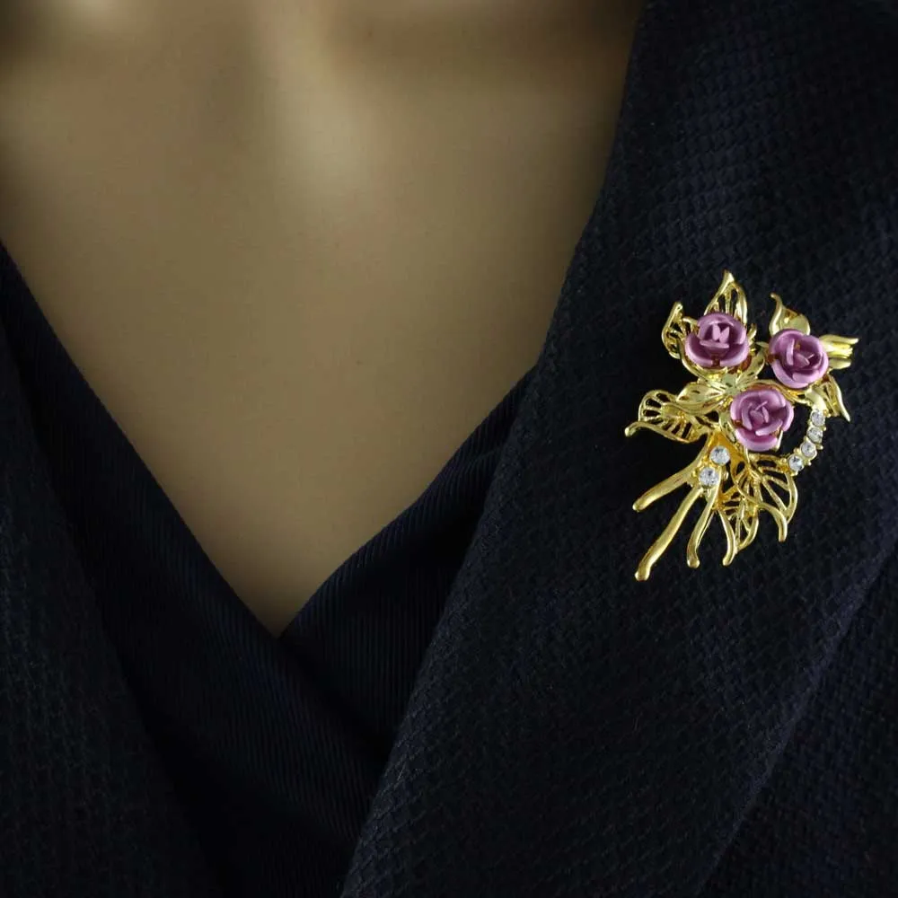 Gold Leaves with 3 Pink Roses Flower Brooch Pin - PRL130KP