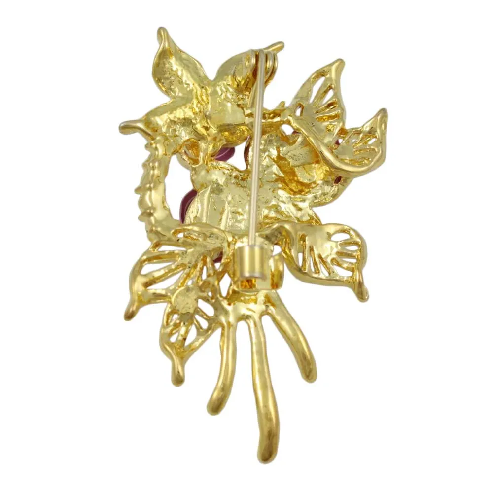 Gold Leaves with 3 Pink Roses Flower Brooch Pin - PRL130KP
