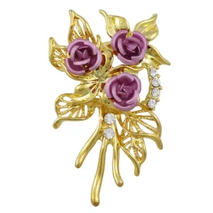 Gold Leaves with 3 Pink Roses Flower Brooch Pin - PRL130KP