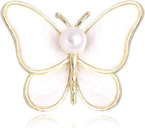 Gold Pearl Butterfly Brooch Pin Cute Butterfly Enamel Brooch White Pearl Butterfly Insect Lapel Pin Wedding Banquet Corsage Brooch Jewelry For Women and Girls