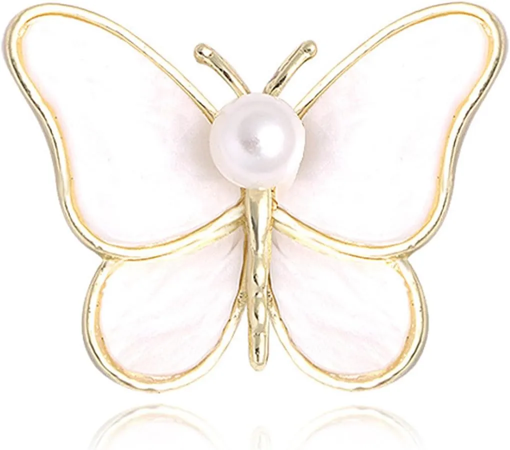 Gold Pearl Butterfly Brooch Pin Cute Butterfly Enamel Brooch White Pearl Butterfly Insect Lapel Pin Wedding Banquet Corsage Brooch Jewelry For Women and Girls