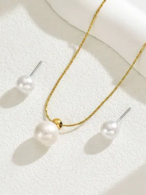 Gold Pearl Collarbone Necklace & Earrings Set