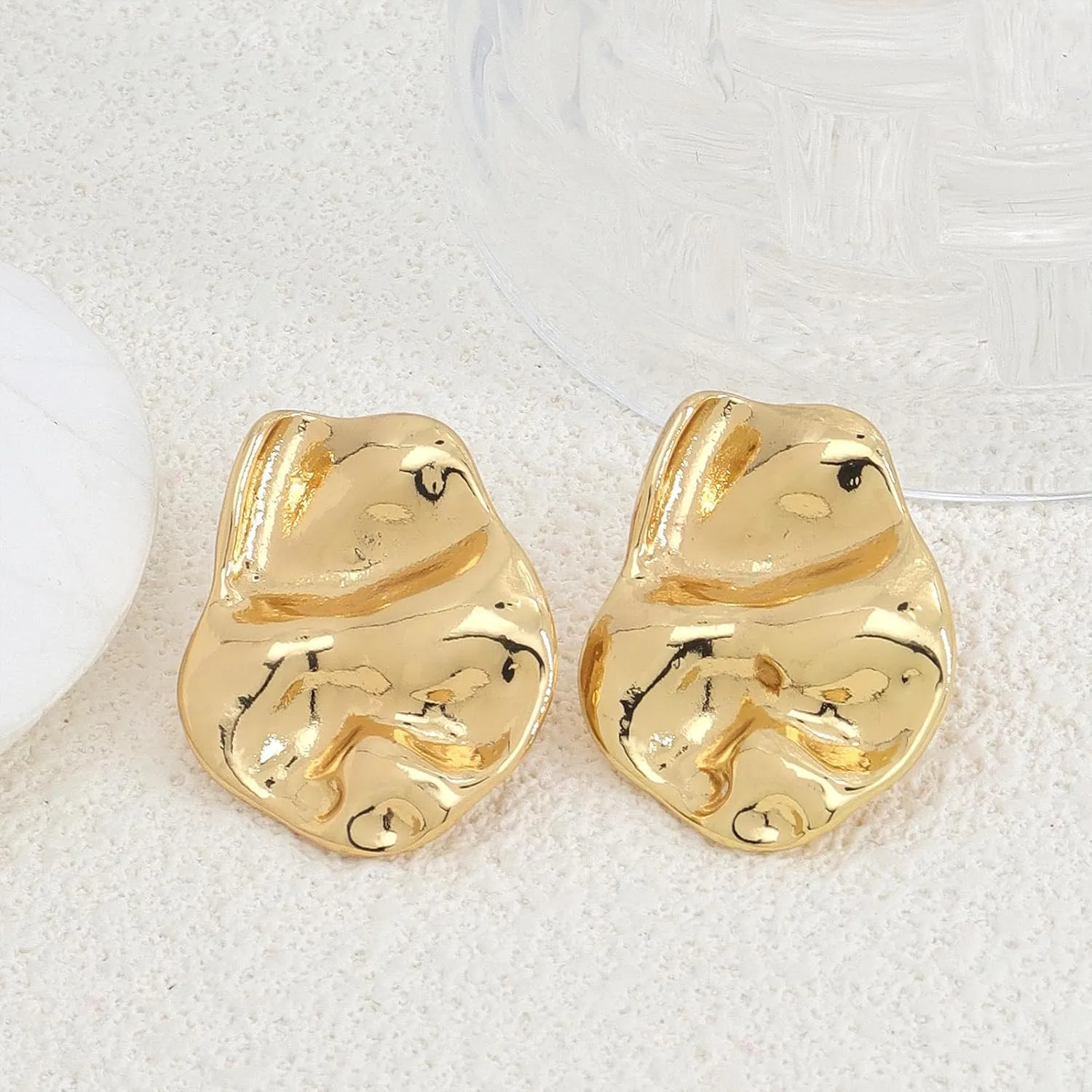 Gold Plated Irregular Hammered Statement Earrings for Women Large Chunky Geometric Texture Metal Stud Earrings Minimalism Thick Jewelry Gifts