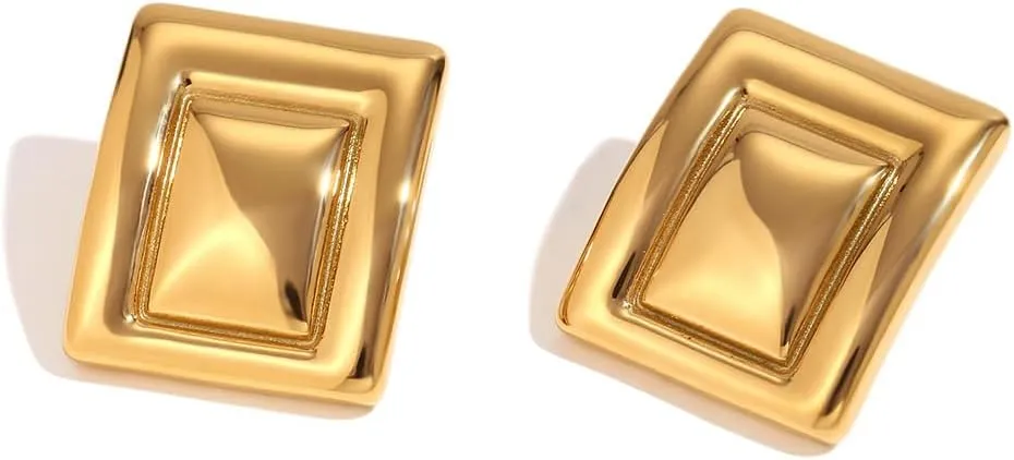 Gold Rectangle Earrings for Women, 18k Gold Statement Earrings Chunk Textured Stud Earrings, Square Drop Earring Minimalist Geometric Earrings for Women Trendy Jewelry Gift (D-Gold)