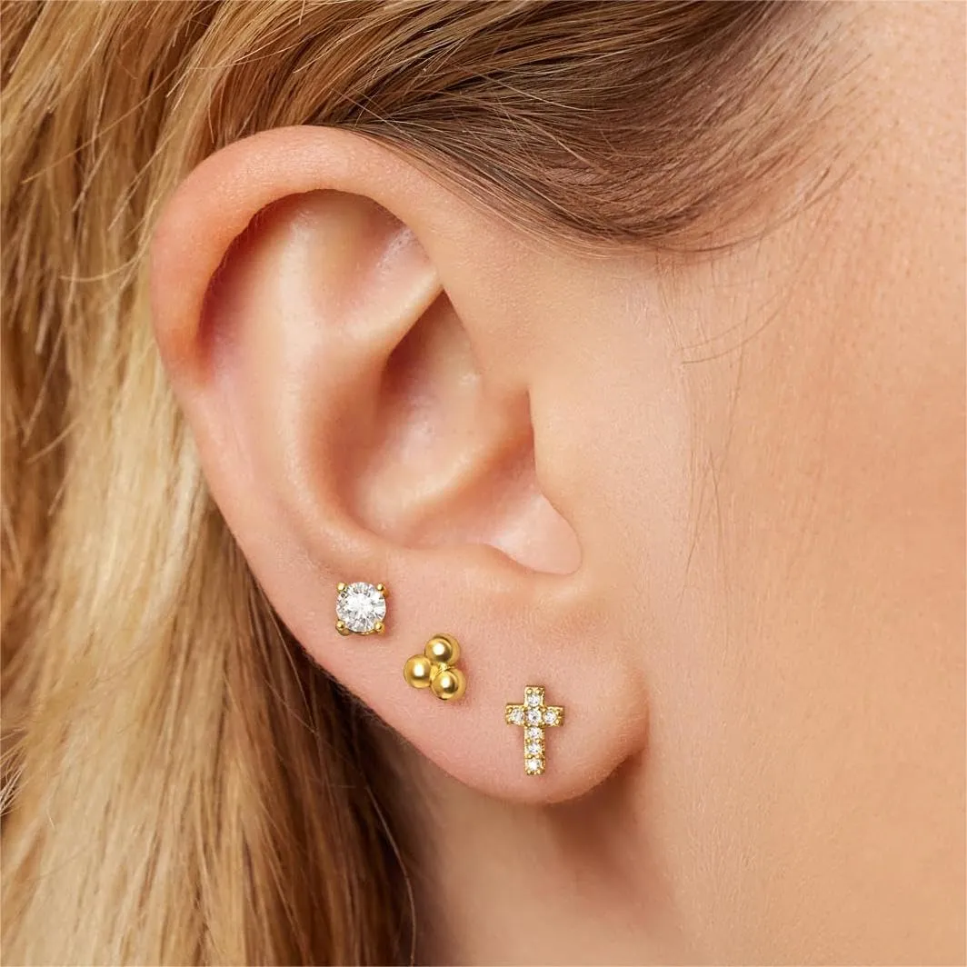 Gold Stud Earrings Set for Women, Trendy Cross Earrings 3 Pairs for Multiple Piercing Sensitive Ears, Hypoallergenic Dainty Earrings with 14k Gold Plated Jewelry Gift, Mothers Day Jewelry Gifts for Mom