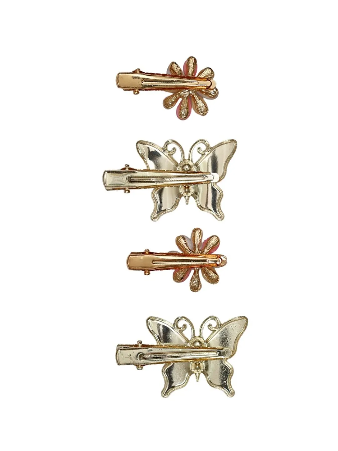 Gold-Toned Butterfly and Flower Hair Clip Set with Pink Enamel and Crystal Accents- Pack of 4, Purple White and  Pink