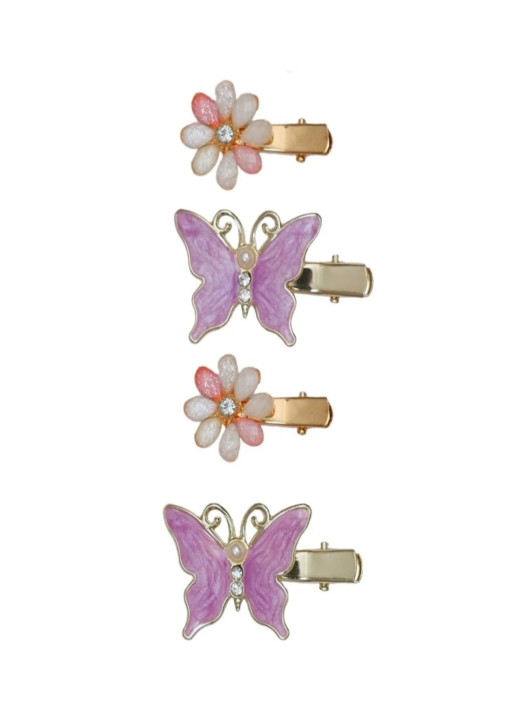 Gold-Toned Butterfly and Flower Hair Clip Set with Pink Enamel and Crystal Accents- Pack of 4, Purple White and  Pink