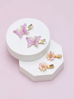 Gold-Toned Butterfly and Flower Hair Clip Set with Pink Enamel and Crystal Accents- Pack of 4, Purple White and  Pink