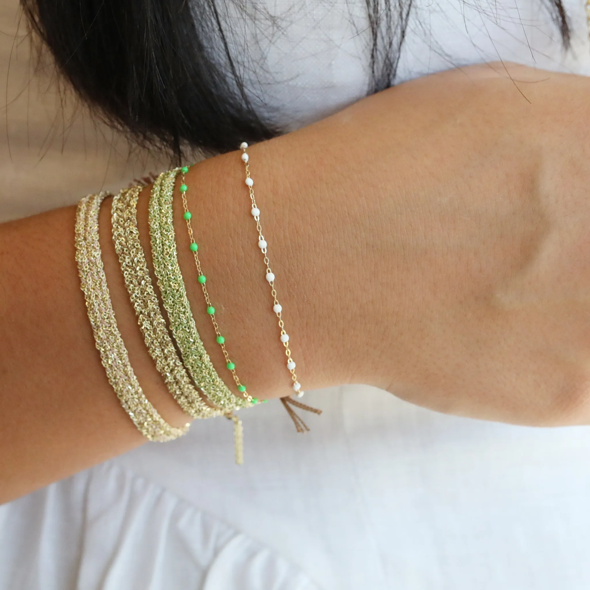 Gold Vermeil Chain and Jade Silk Woven Bracelet