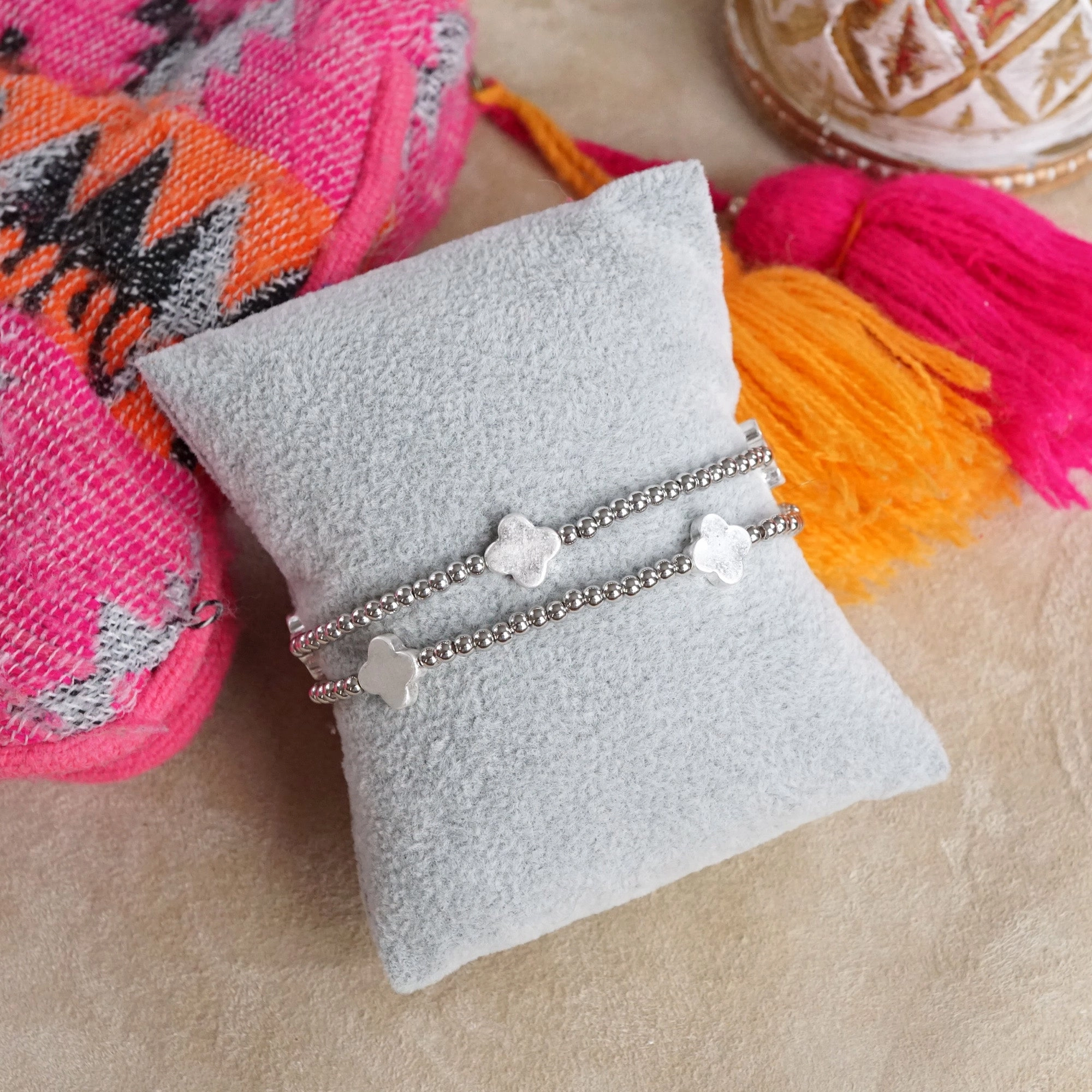 Sacred Composites Clover and Tiny Ball Beads Bracelet Sets ?C Worn Gold or Silver Tone