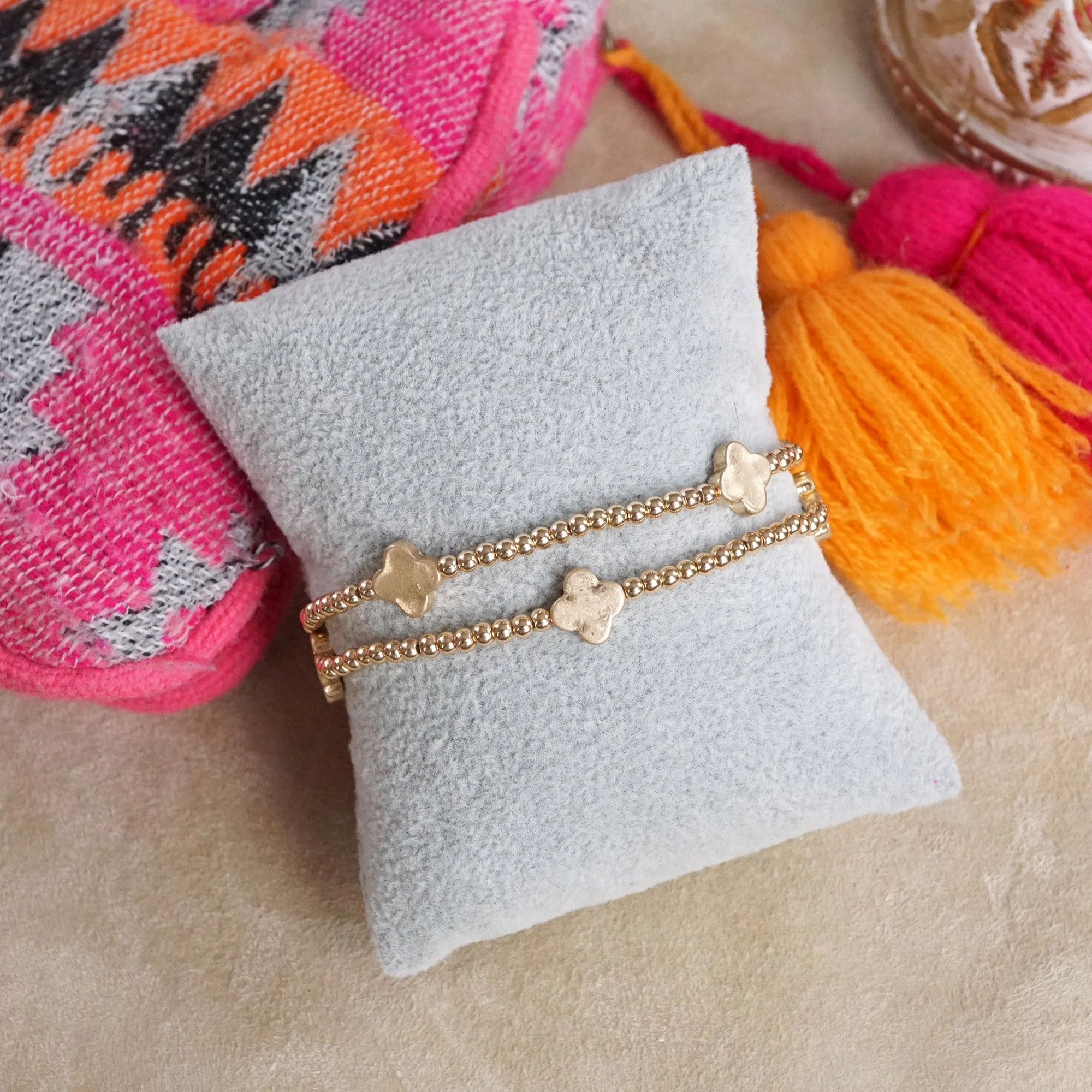 Unmatched Style everyday staple Clover and Tiny Ball Beads Bracelet Sets ?C Worn Gold or Silver Tone