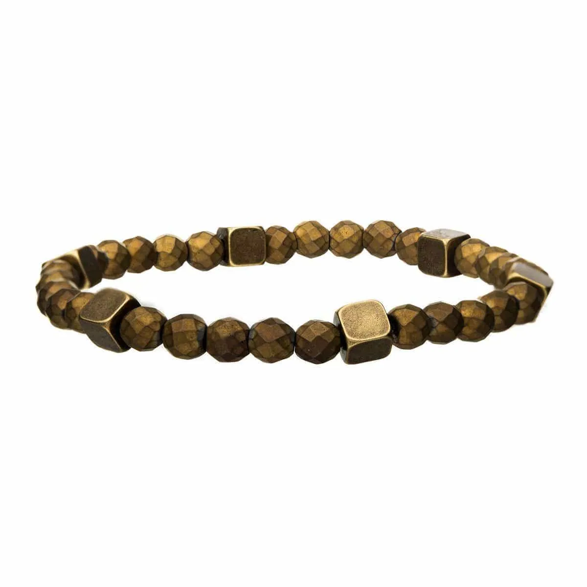 Golden Tone Antique Brass Block with Gold Hematite Bead Bracelet