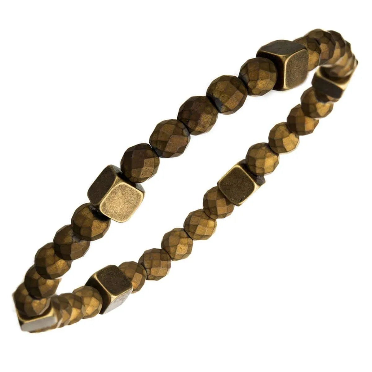 Golden Tone Antique Brass Block with Gold Hematite Bead Bracelet