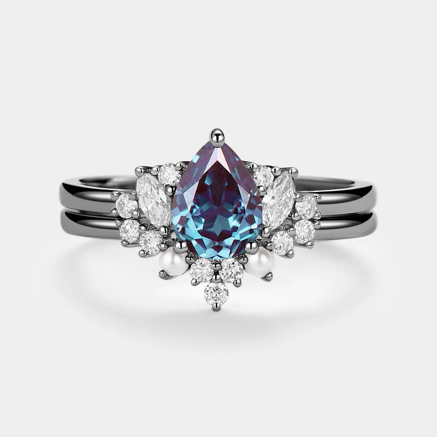 Seasonal Trend 1.5ct Lab Alexandrite Pearl-fect Vintage Cluster Ring Set 2pcs - Zhuri