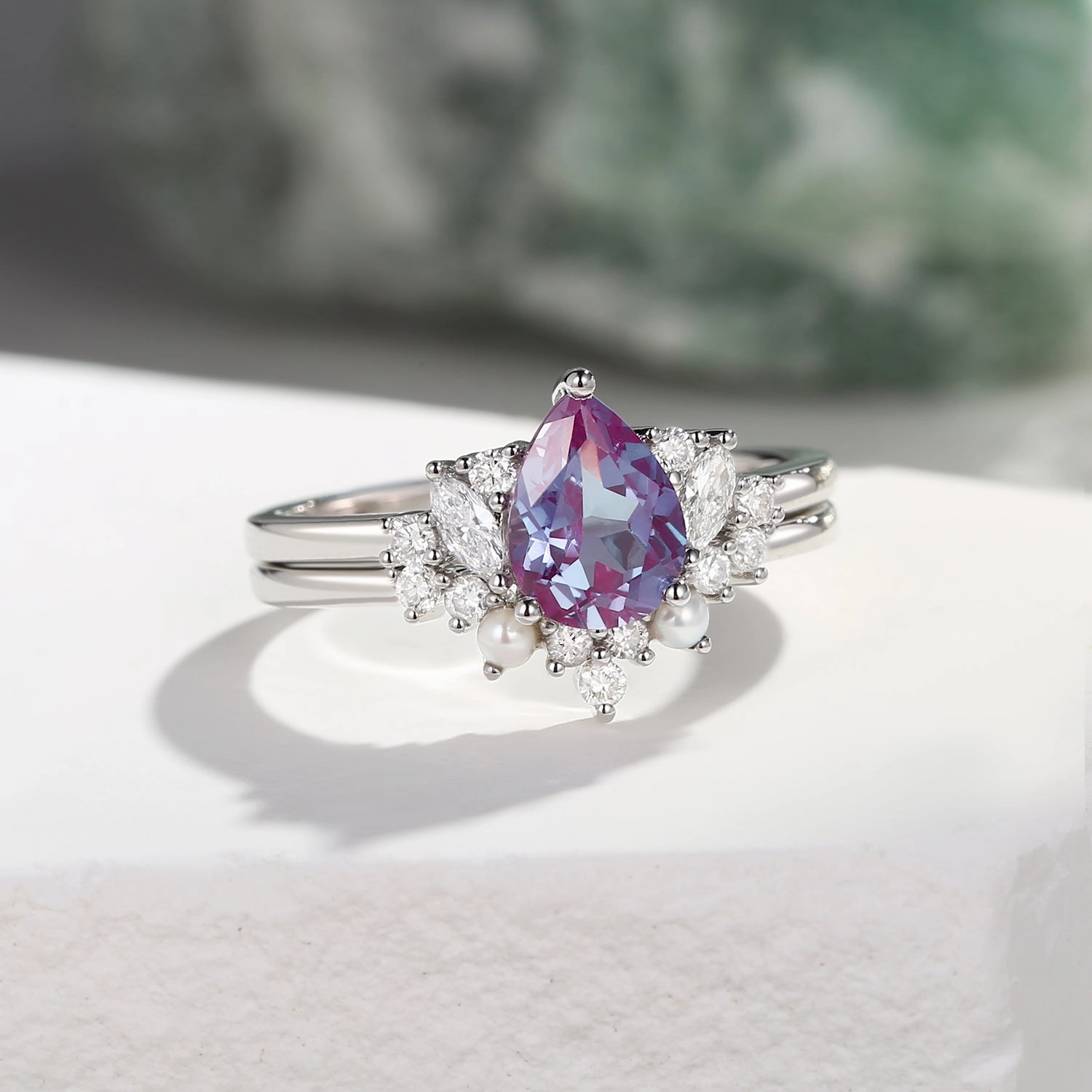 Evening Gift 1.5ct Lab Alexandrite Pearl-fect Vintage Cluster Ring Set 2pcs - Zhuri