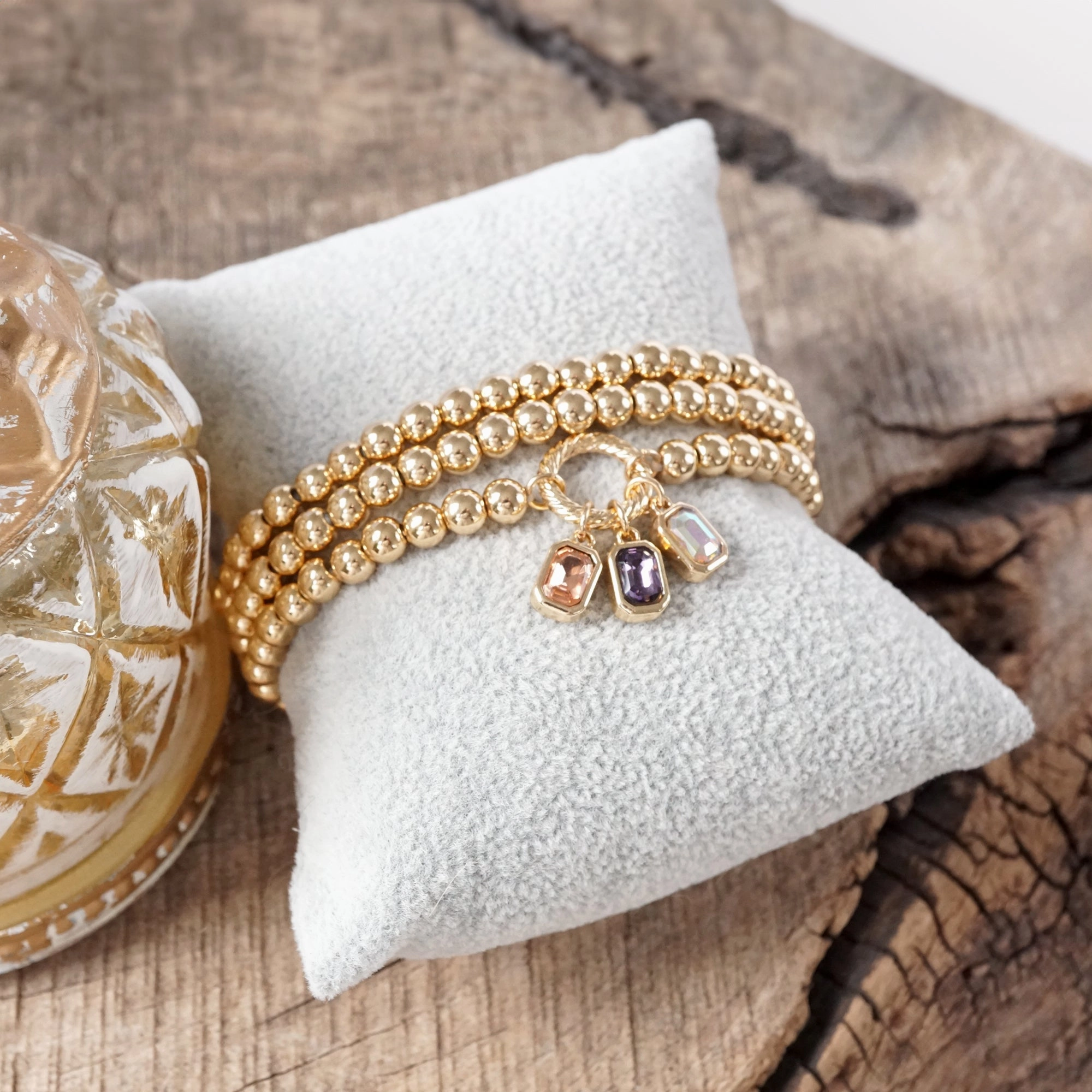 Improve With Age Golden Ball Beaded Stretch Bracelet Stack With Baguette Crystals ?C Clear Black Pink