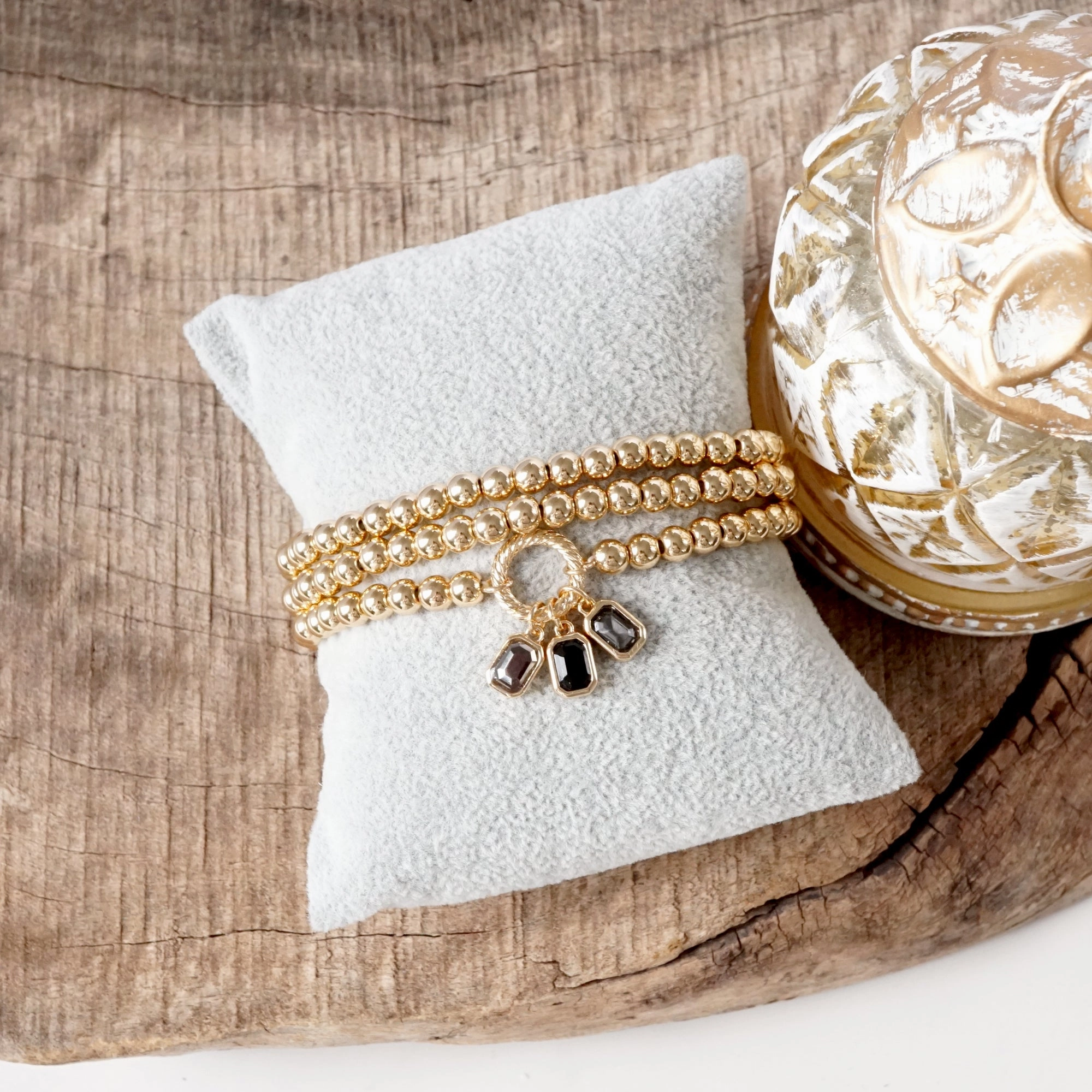 Perfect Fit Golden Ball Beaded Stretch Bracelet Stack With Baguette Crystals ?C Clear Black Pink