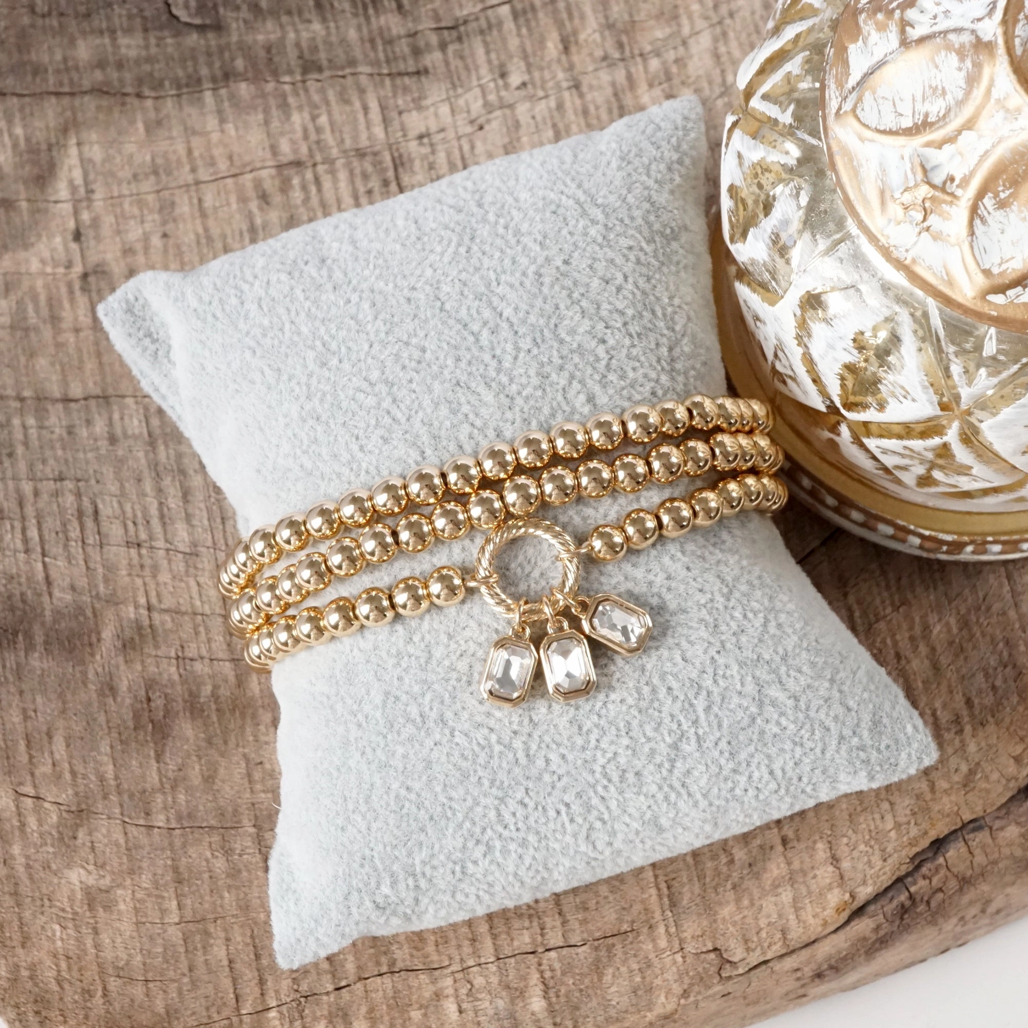 Rosy Blends Ceaseless Perspective Golden Ball Beaded Stretch Bracelet Stack With Baguette Crystals ?C Clear Black Pink