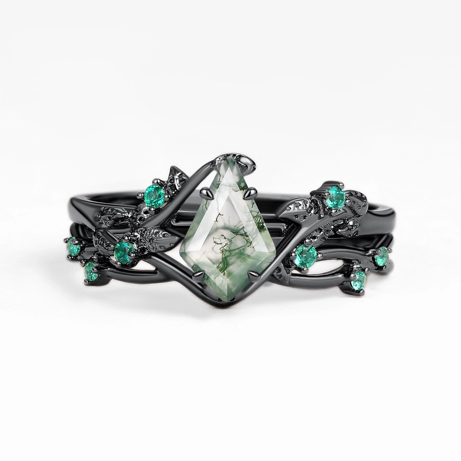 Nature Inspired - Kite Shaped Moss Agate Leafy Ring Set 2pcs - Mossy Glam Touch