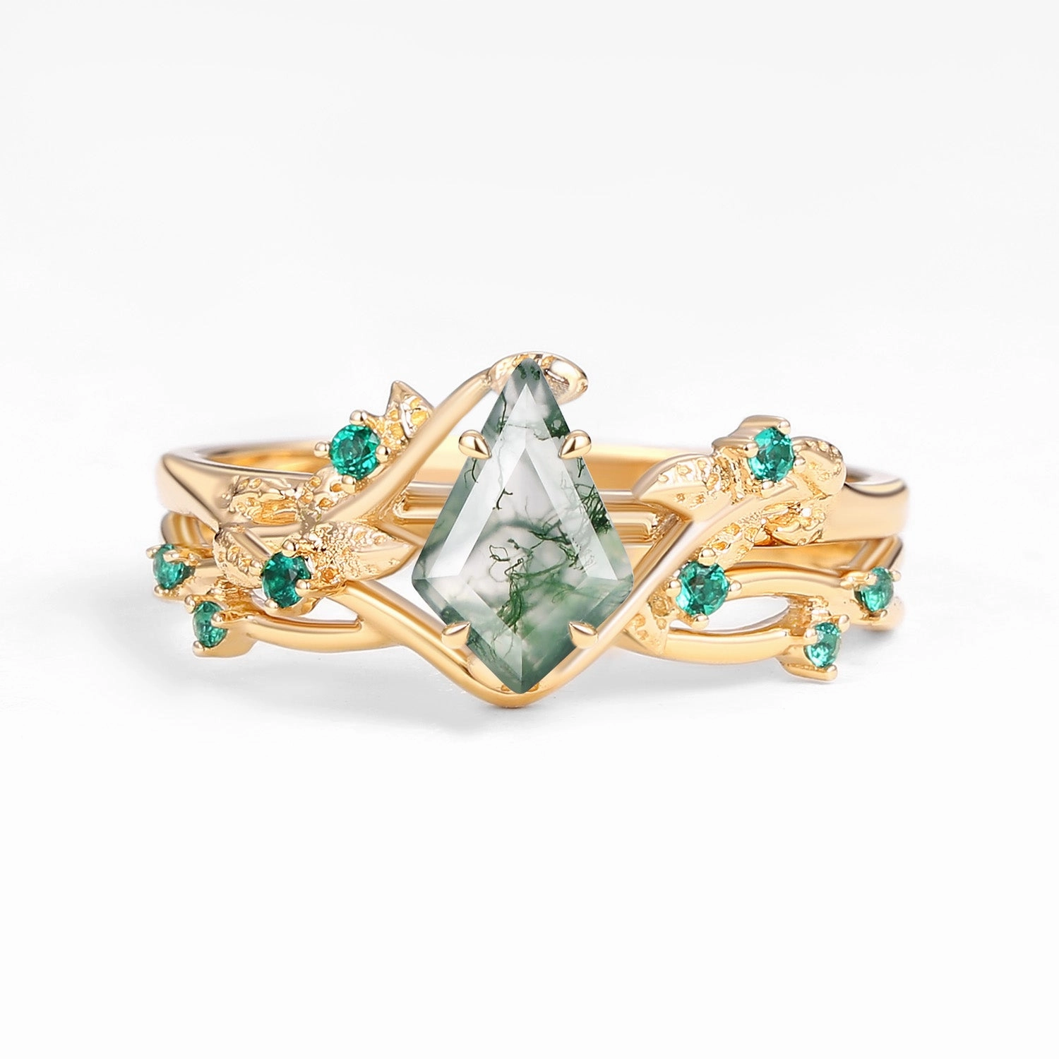 Nature Inspired - Kite Shaped Moss Agate Leafy Ring Set 2pcs - Mossy Distinct Accent