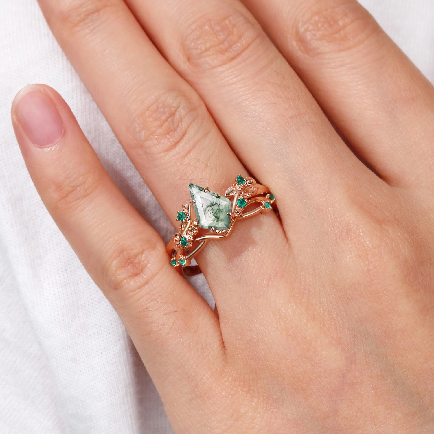 Floral Mood Nature Inspired - Kite Shaped Moss Agate Leafy Ring Set 2pcs - Mossy