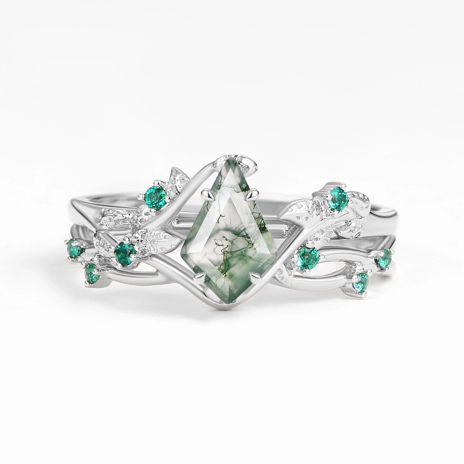 Nature Inspired - Kite Shaped Moss Agate Leafy Ring Set 2pcs - Mossy Day Accent