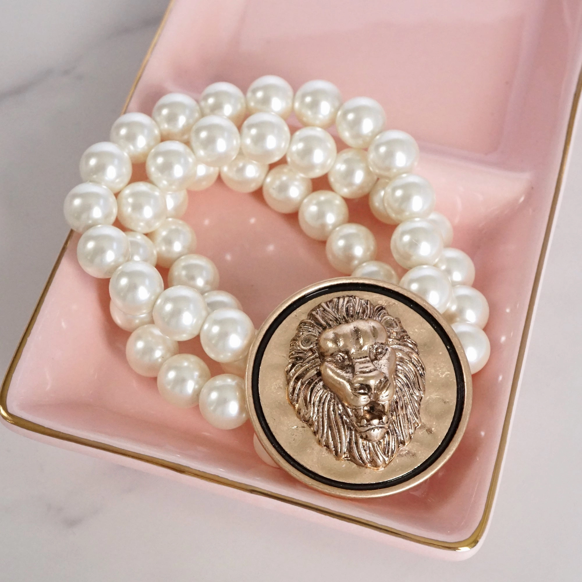 Healing Stones Consistent quality Golden Lion Head & Chunky Pearls 3-in-1 Statement Bracelet