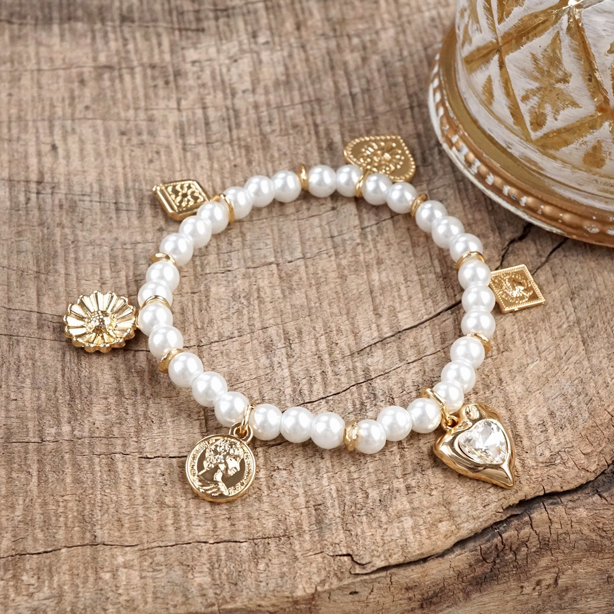 Meaningful Choice Golden Reverie ?C Multi-Charm Pearl Stretch Bracelet