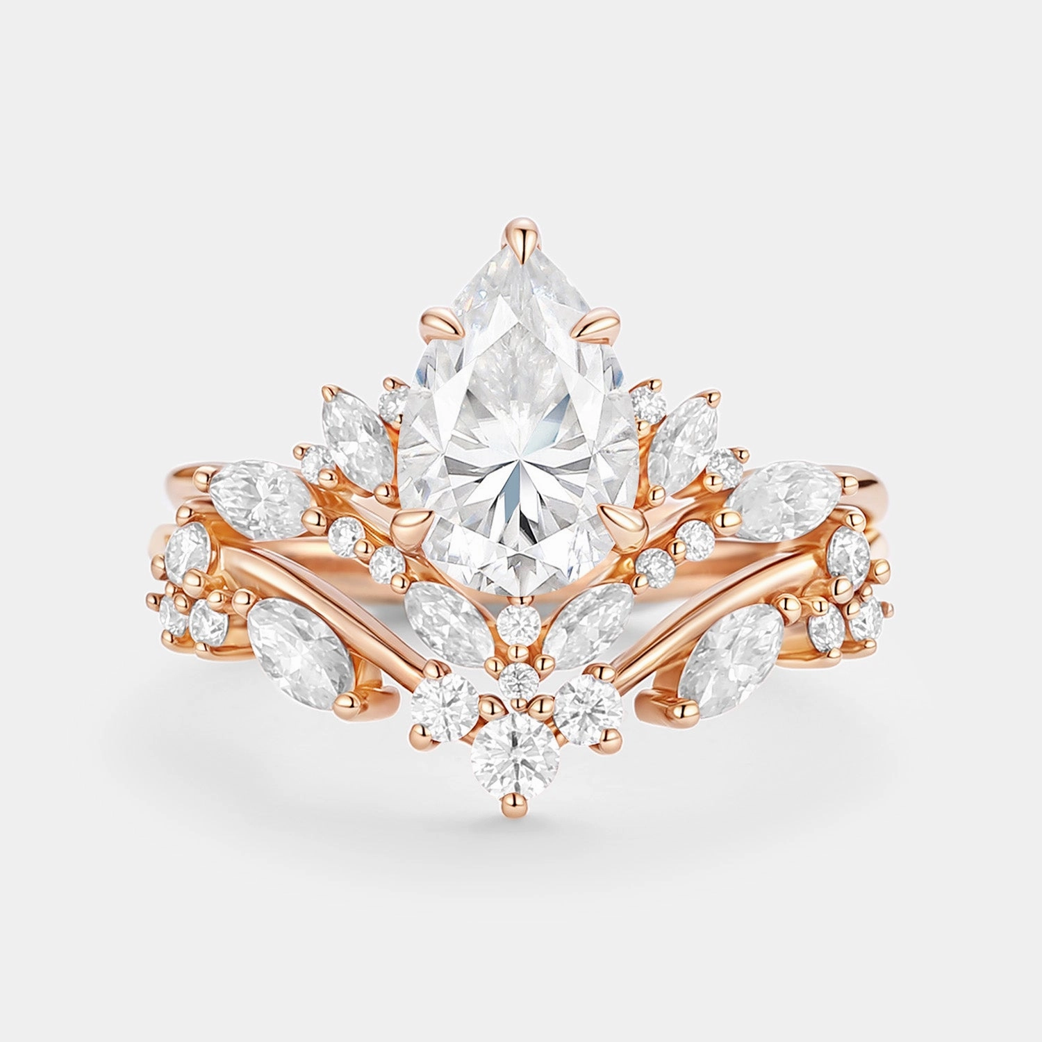 Romantic Detail Pear Cut Moissanite Cluster Engagement Ring Set 2pcs - Nectar