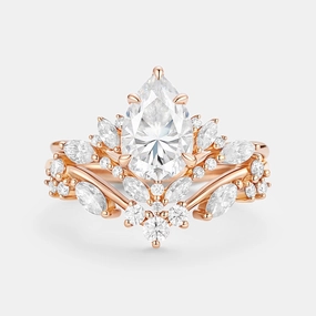 Romantic Detail Pear Cut Moissanite Cluster Engagement Ring Set 2pcs - Nectar