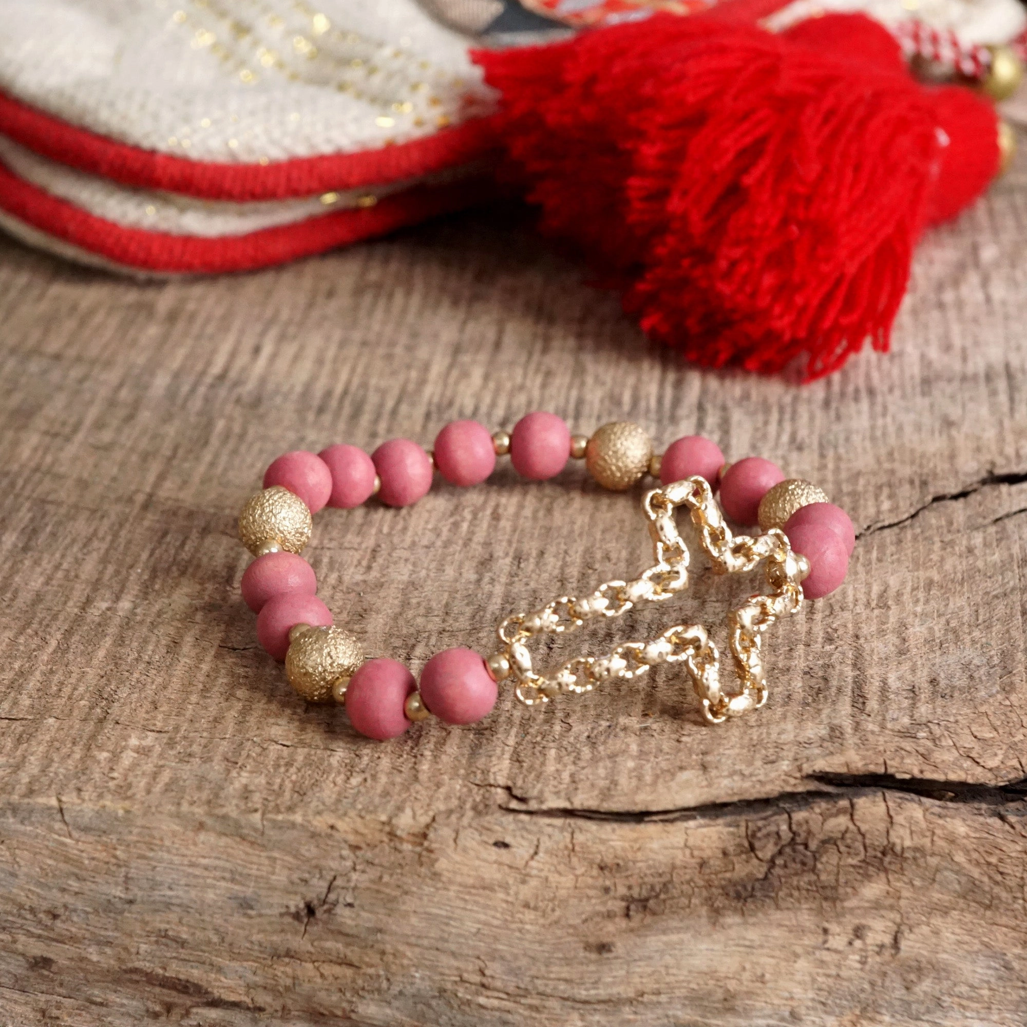 Affordable Luxury Becombed Sideways Cross Bracelet with Wood Beads Gold tone Black Red Cream Green