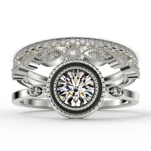 Gorgeous Art nouvea 2.10 Ct Round Cut Diamond Moissanite Engagement Ring, Boho Moissanite Wedding Ring, Two Matching Band in 925 Sterling Silver With 18k White Gold
 Plating Gift For Her