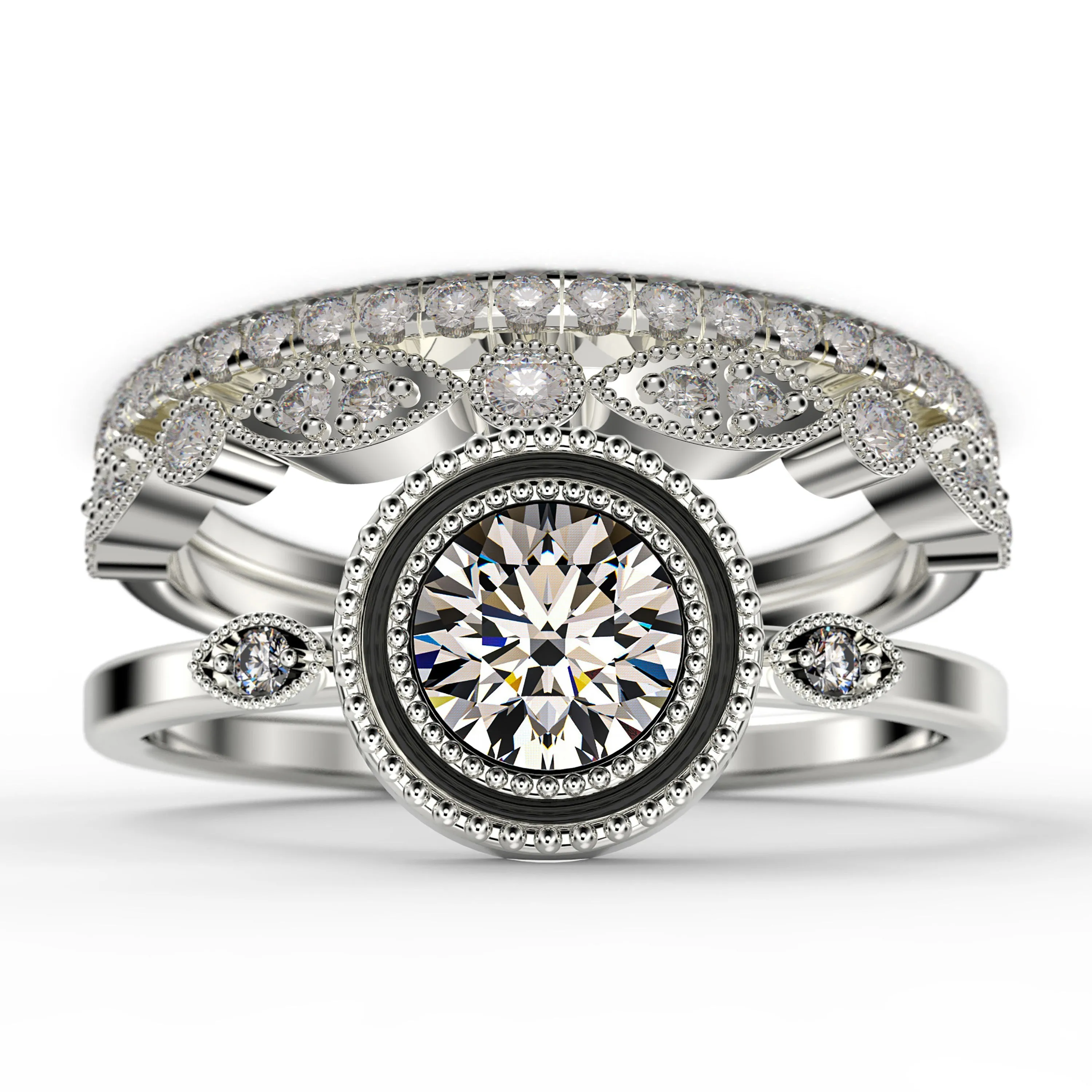 Gorgeous Art nouvea 2.10 Ct Round Cut Diamond Moissanite Engagement Ring, Boho Moissanite Wedding Ring, Two Matching Band in 925 Sterling Silver With 18k White Gold
 Plating Gift For Her