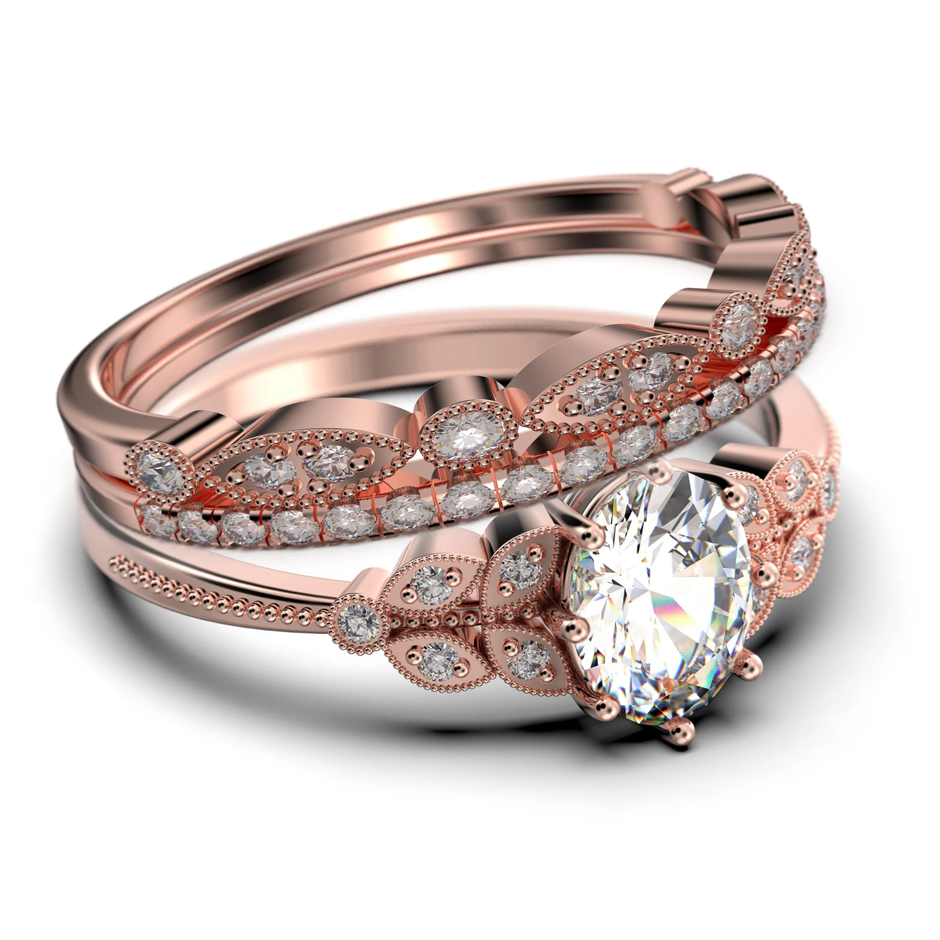 Gorgeous Boho & hippie 2.25 Carat Oval Cut Vintage Look Diamond Moissanite Engagement Ring Set, Wedding Ring in 925 Sterling Silver With 18k White Gold
 Plating, Trio set