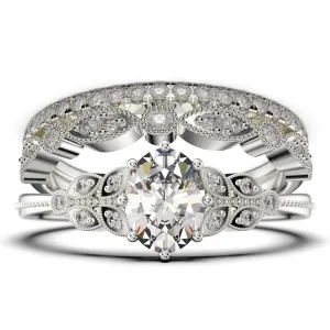 Gorgeous Boho & hippie 2.25 Carat Oval Cut Vintage Look Diamond Moissanite Engagement Ring Set, Wedding Ring in 925 Sterling Silver With 18k White Gold
 Plating, Trio set