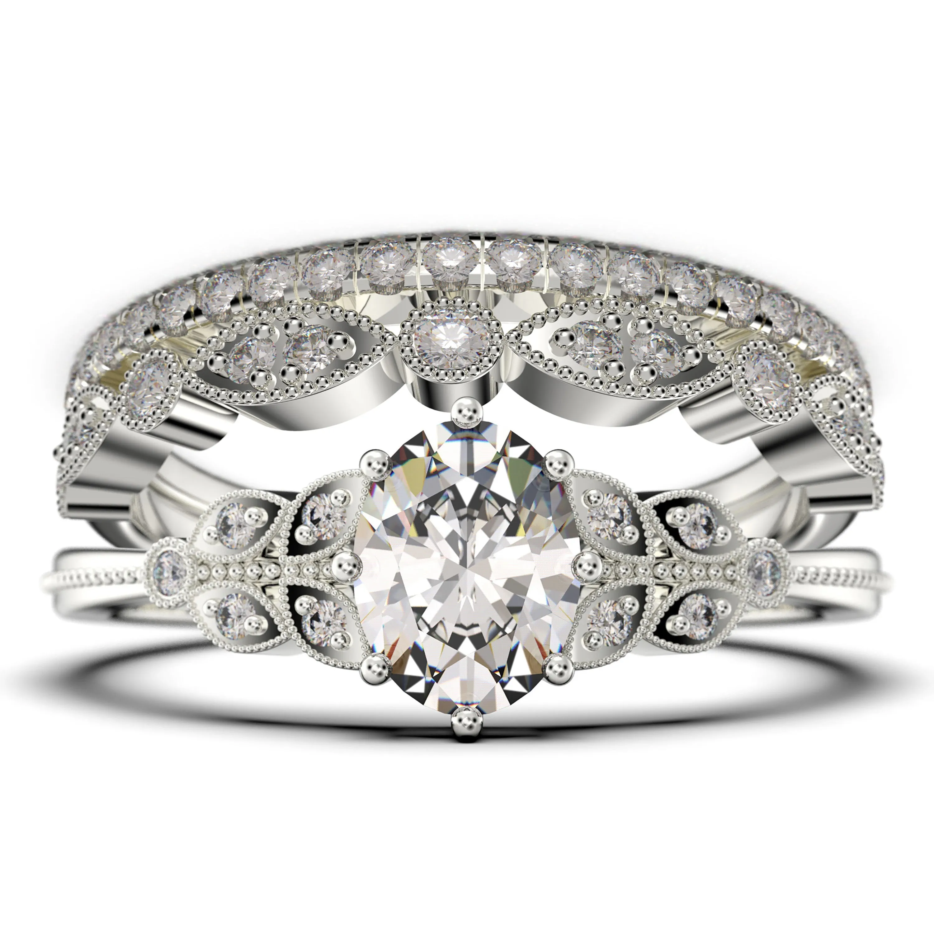 Gorgeous Boho & hippie 2.25 Carat Oval Cut Vintage Look Diamond Moissanite Engagement Ring Set, Wedding Ring in 925 Sterling Silver With 18k White Gold
 Plating, Trio set