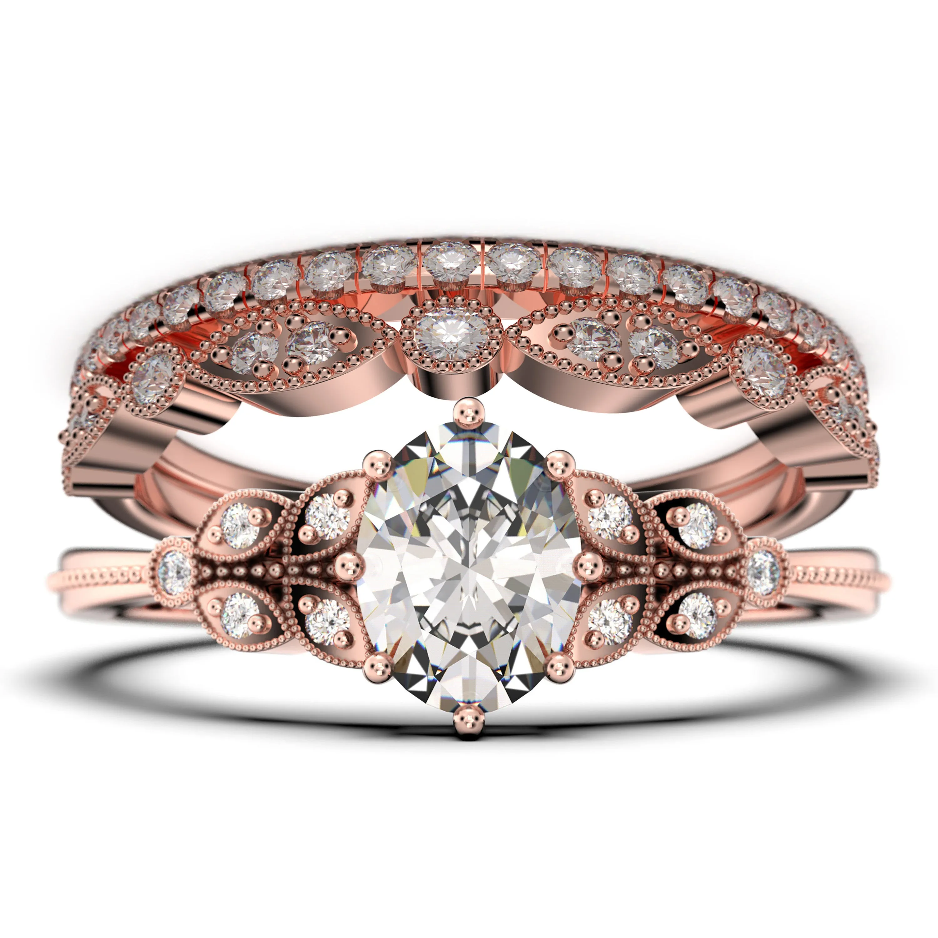 Gorgeous Boho & hippie 2.25 Carat Oval Cut Vintage Look Diamond Moissanite Engagement Ring Set, Wedding Ring in 925 Sterling Silver With 18k White Gold
 Plating, Trio set