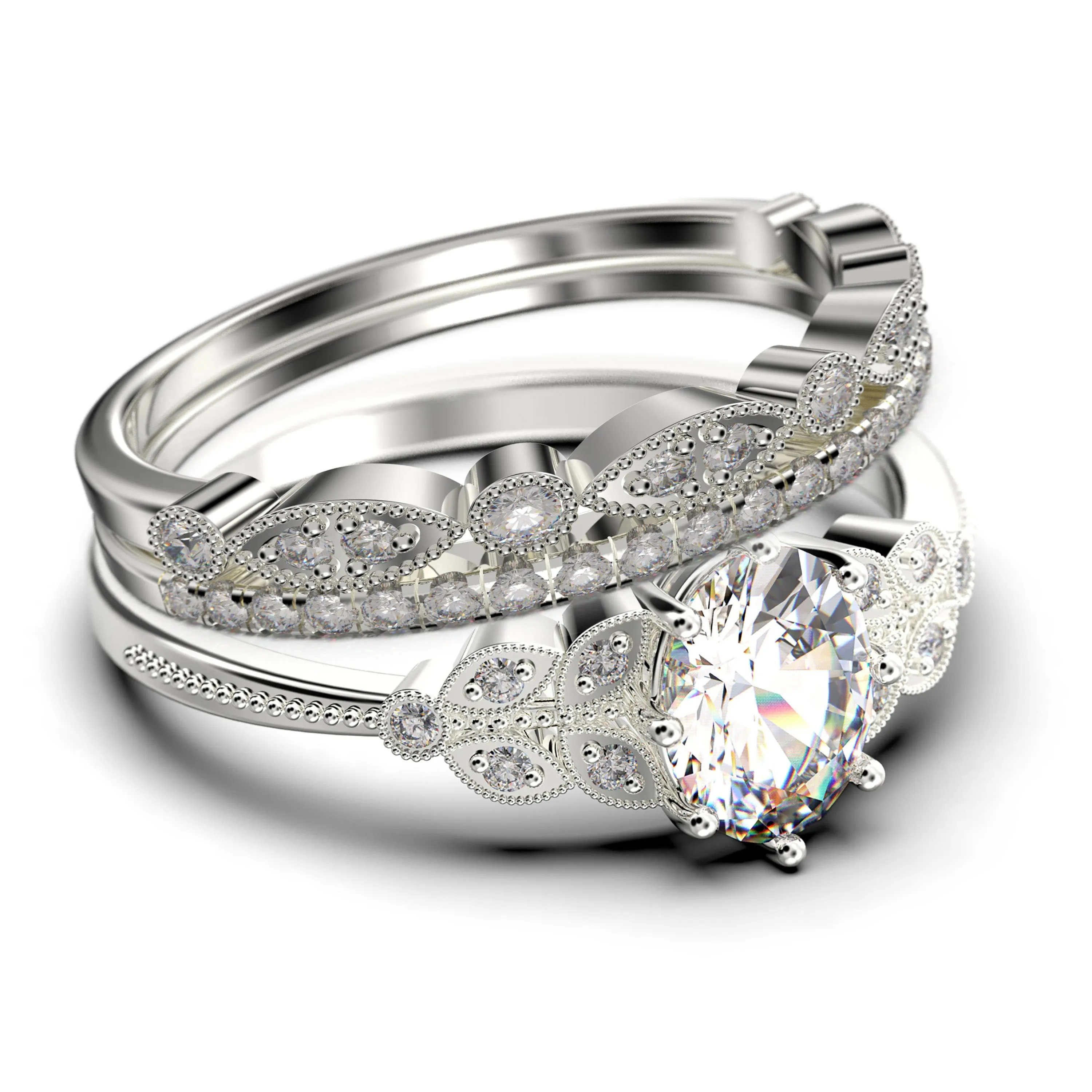 Gorgeous Boho & hippie 2.25 Carat Oval Cut Vintage Look Diamond Moissanite Engagement Ring Set, Wedding Ring in 925 Sterling Silver With 18k White Gold
 Plating, Trio set