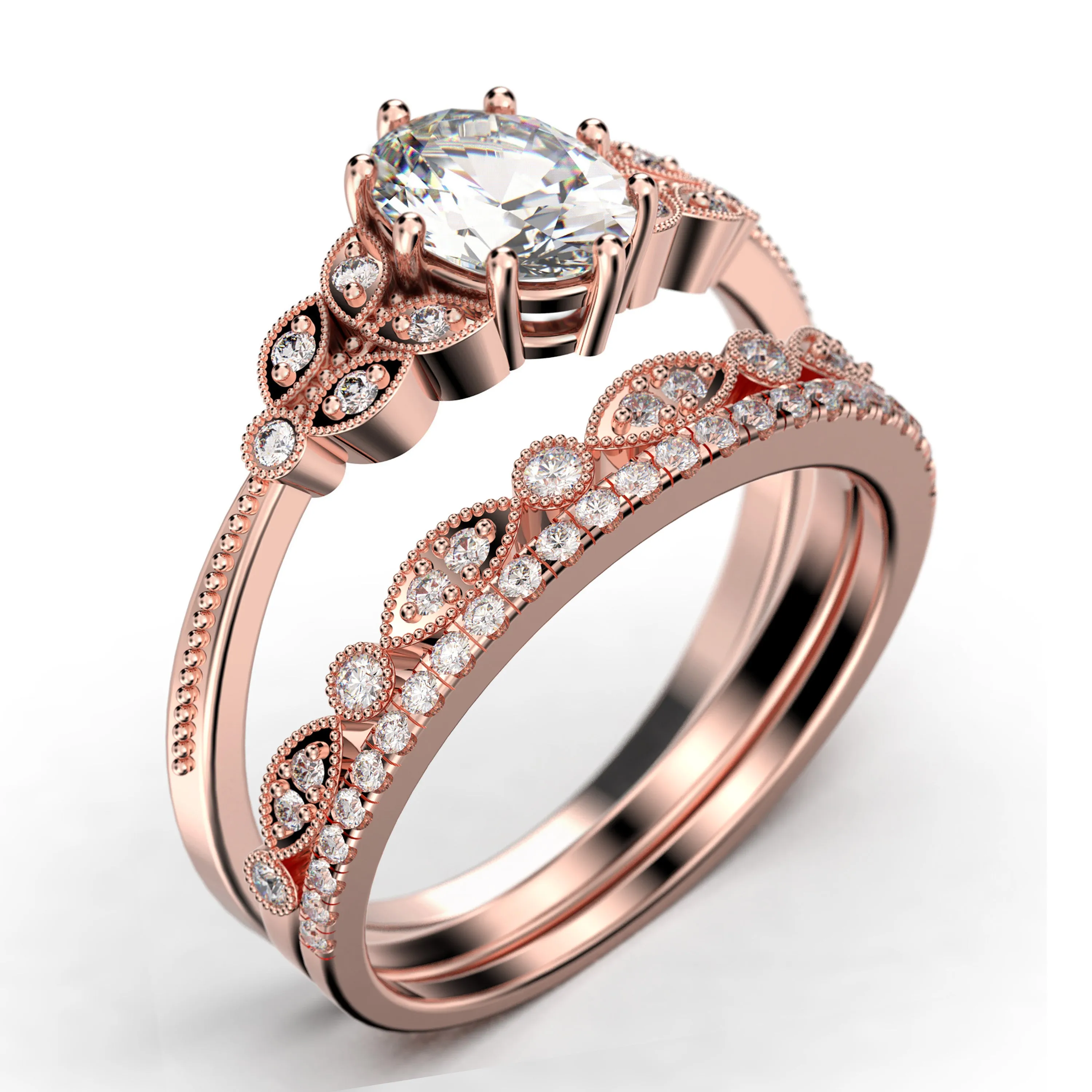 Gorgeous Boho & hippie 2.25 Carat Oval Cut Vintage Look Diamond Moissanite Engagement Ring Set, Wedding Ring in 925 Sterling Silver With 18k White Gold
 Plating, Trio set