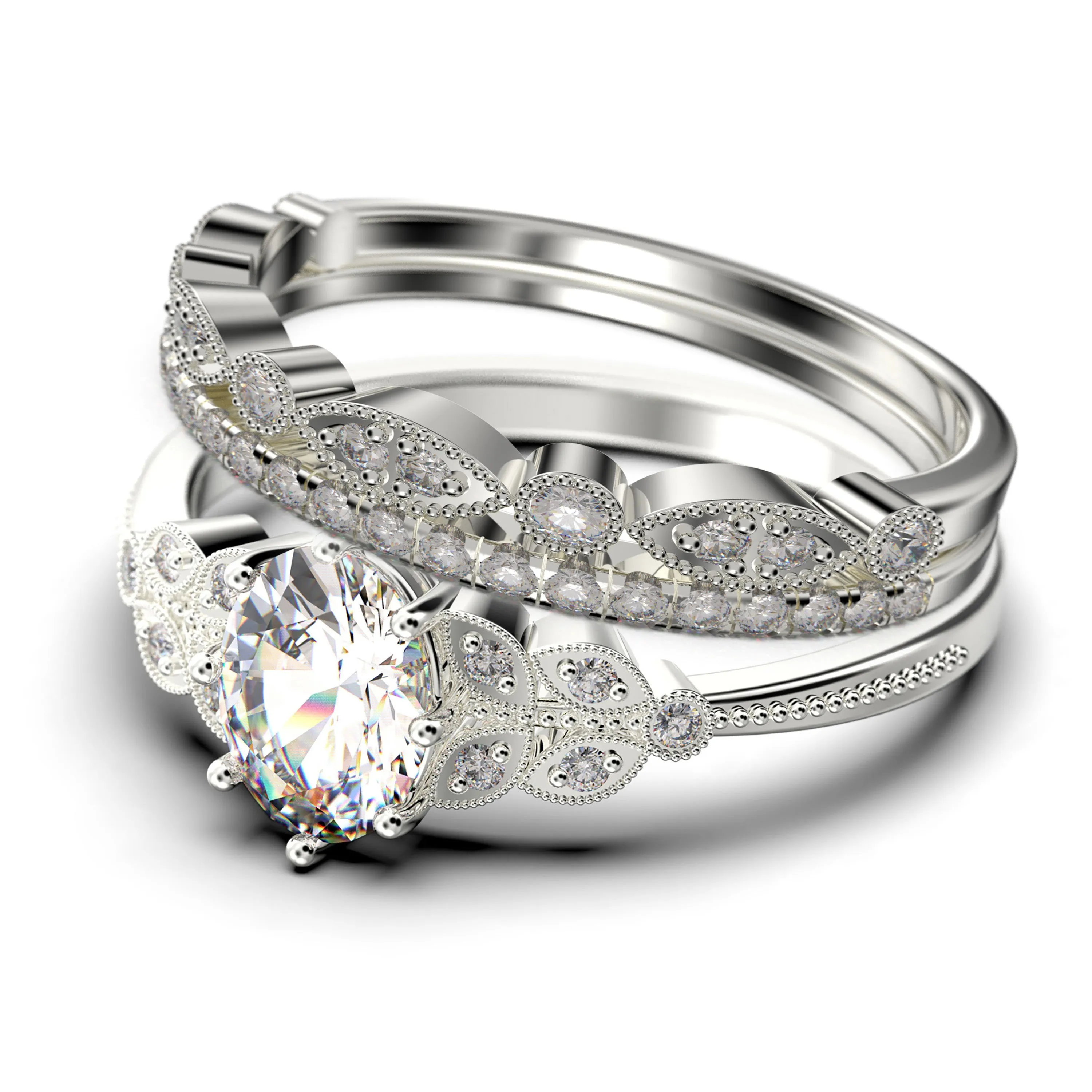 Gorgeous Boho & hippie 2.25 Carat Oval Cut Vintage Look Diamond Moissanite Engagement Ring Set, Wedding Ring in 925 Sterling Silver With 18k White Gold
 Plating, Trio set