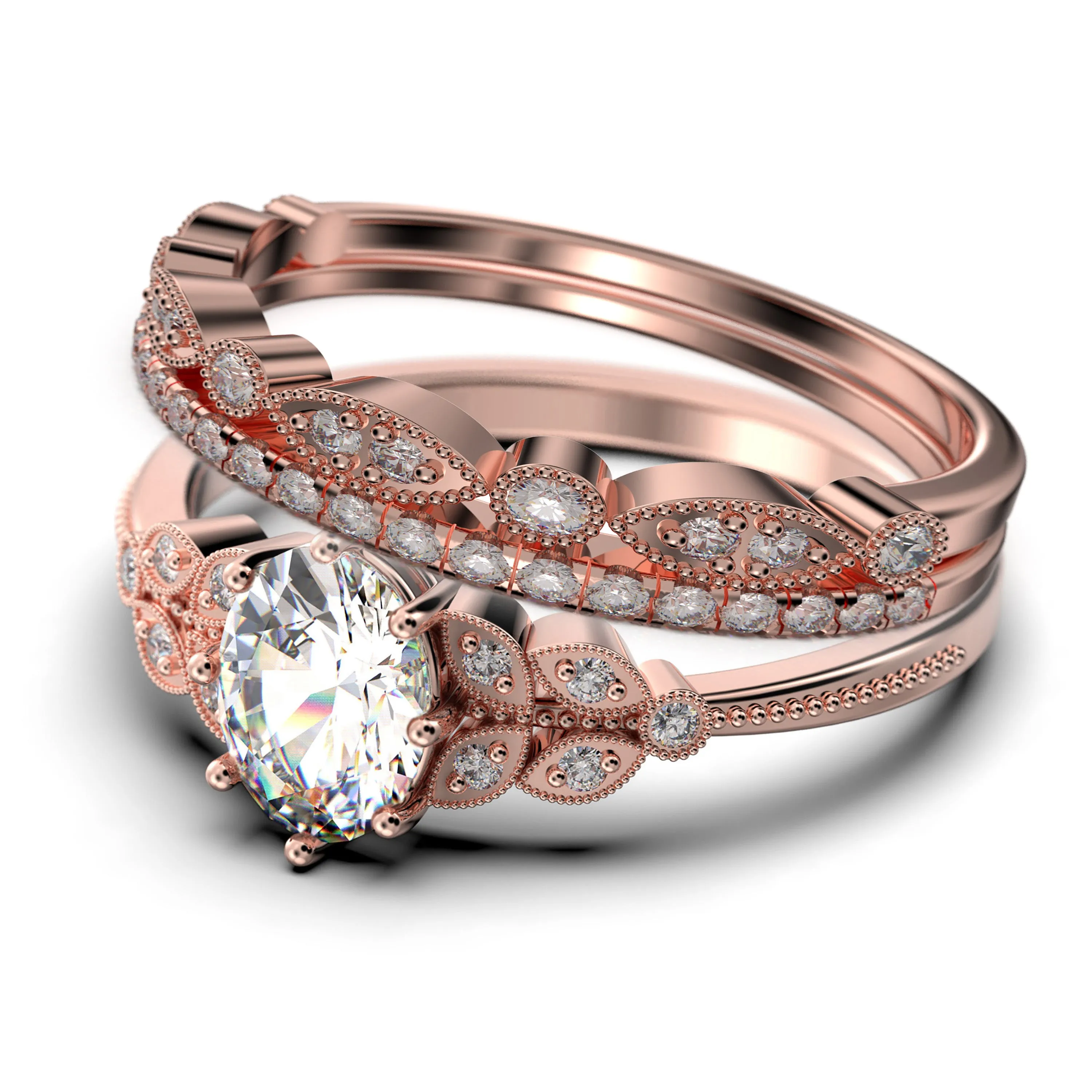Gorgeous Boho & hippie 2.25 Carat Oval Cut Vintage Look Diamond Moissanite Engagement Ring Set, Wedding Ring in 925 Sterling Silver With 18k White Gold
 Plating, Trio set