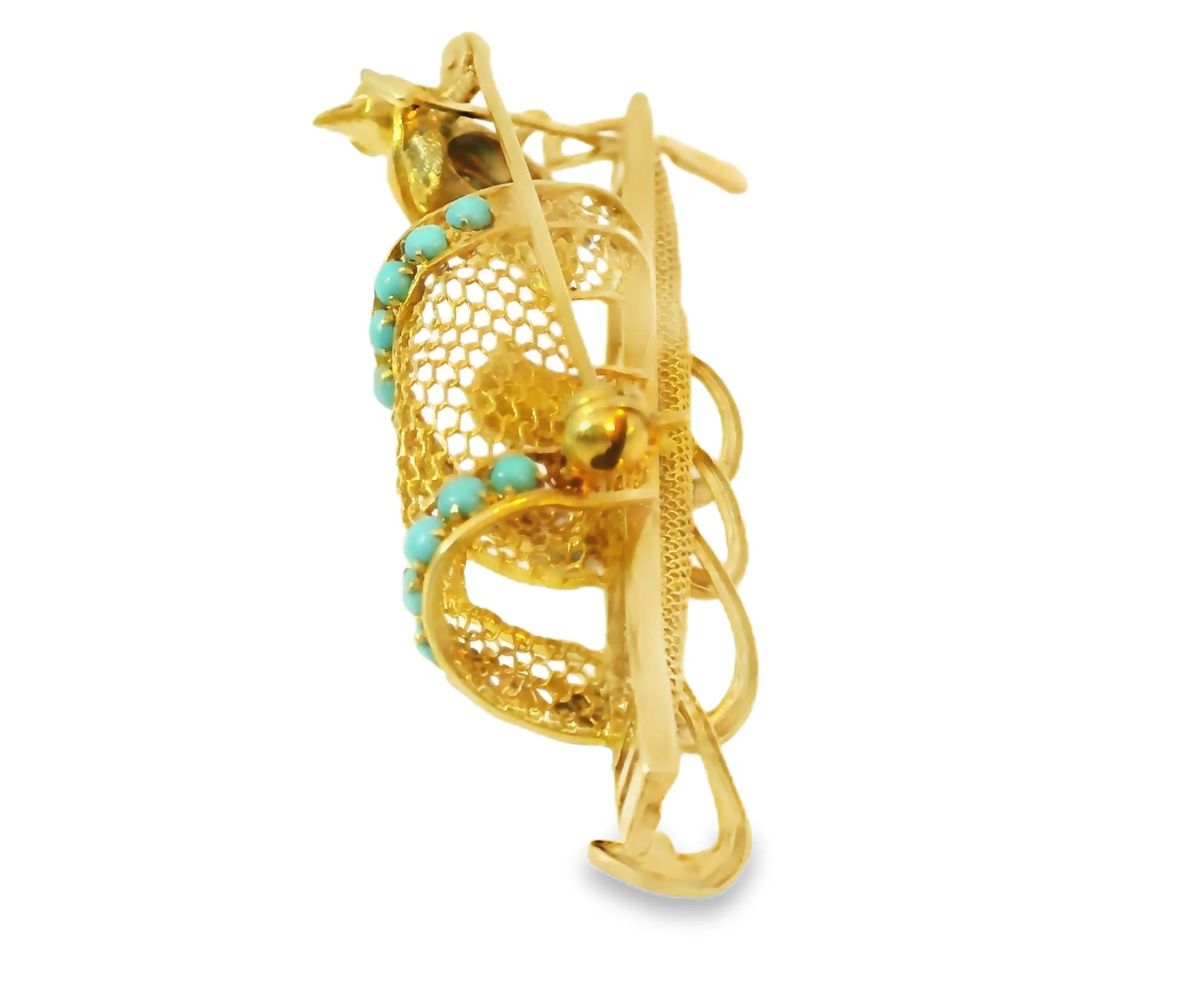 Gorgeous Designer 14K Yellow Gold Ruby Turquoise Lovebirds Boat Brooch Pin