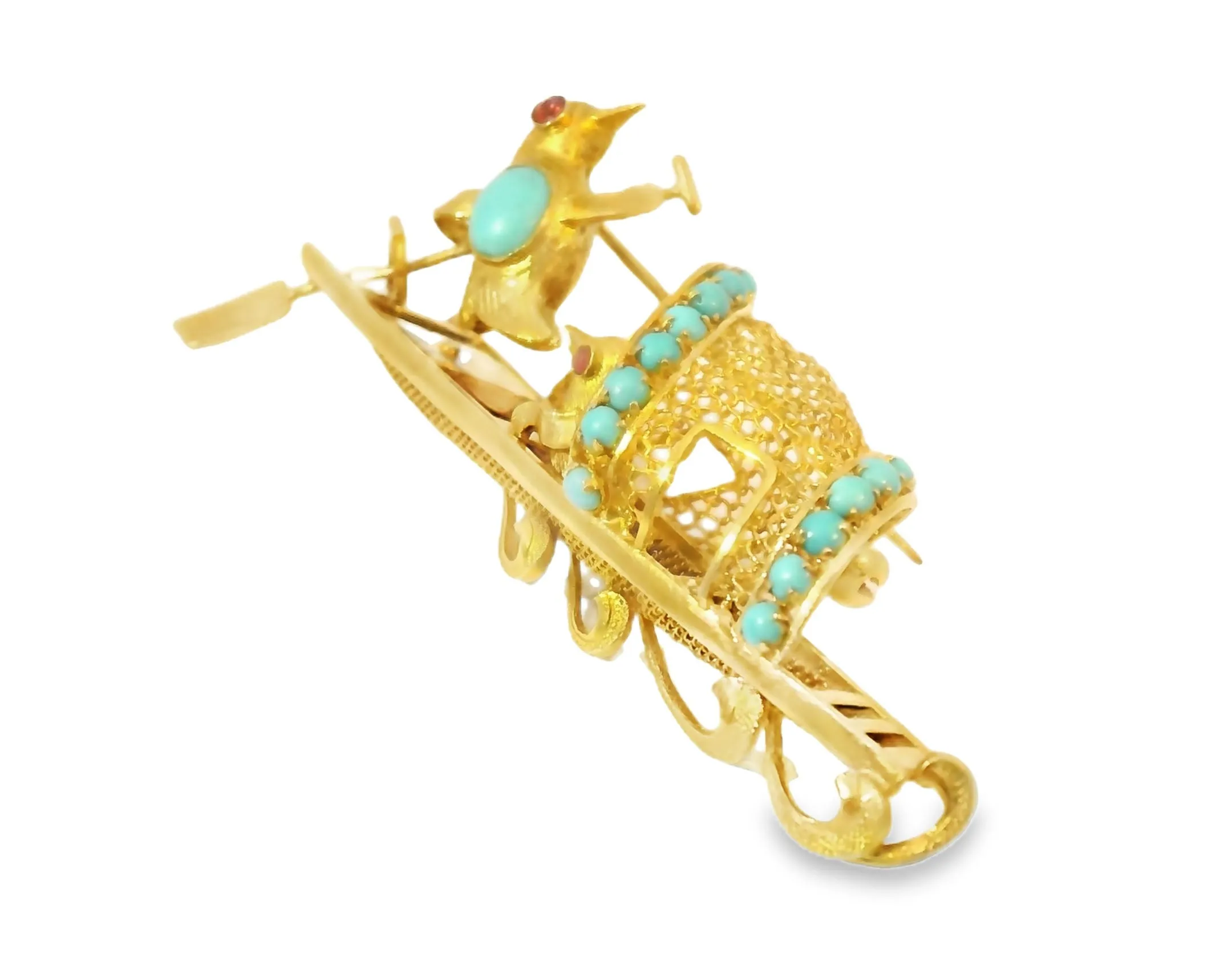 Gorgeous Designer 14K Yellow Gold Ruby Turquoise Lovebirds Boat Brooch Pin