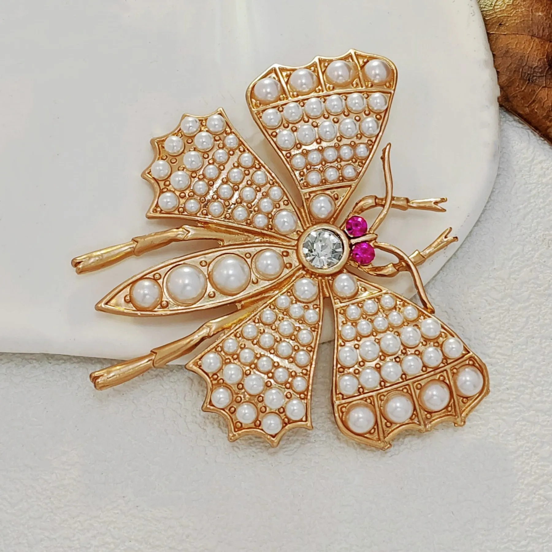Gorgeous Gold & Imitated Pearl Large Butterfly Brooch Pin Statement Insect Jewelry