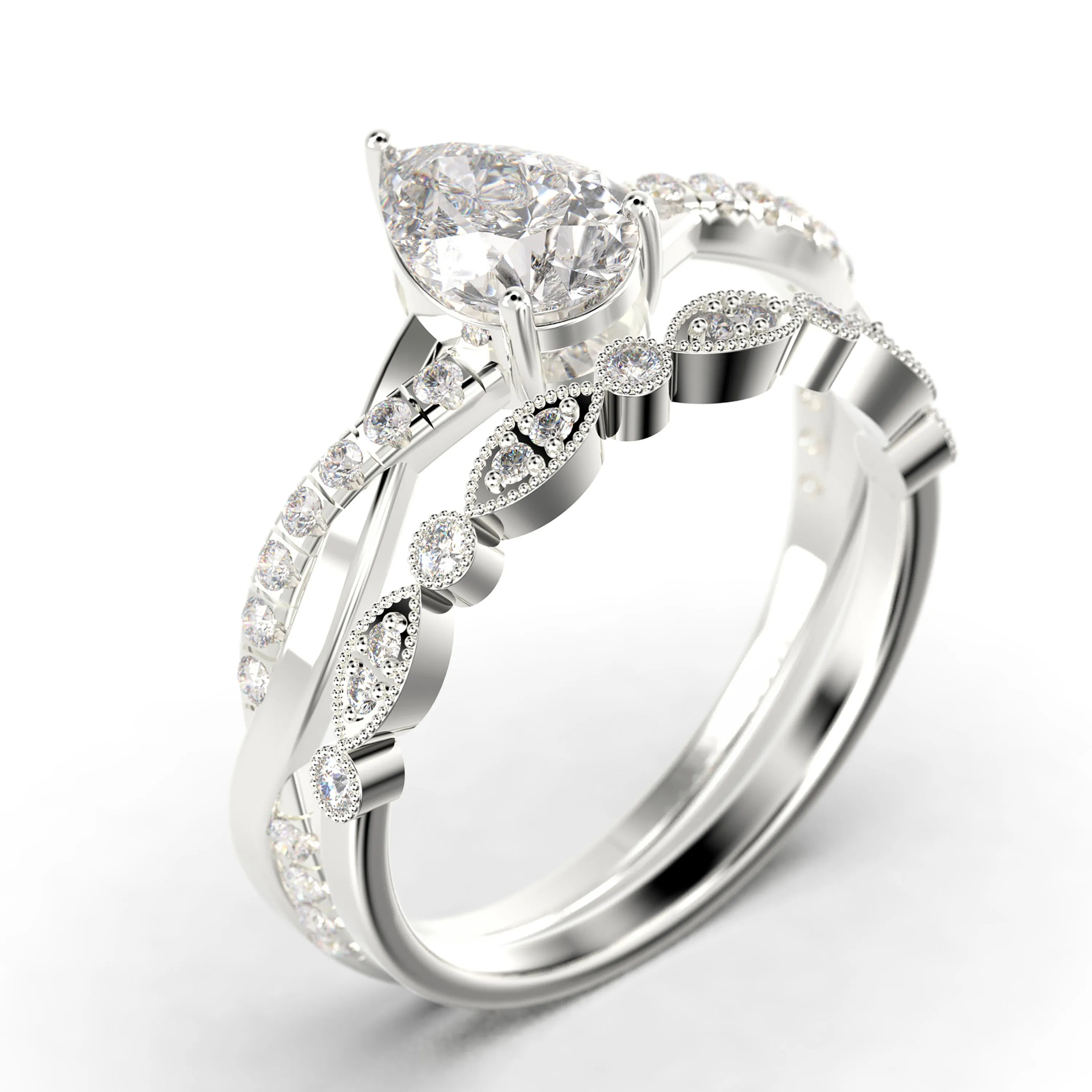Gorgeous Minimalist Art Deco 1.75 Carat Pear Cut Authentic Diamond Moissanite Engagement Ring, One Matching Band, Twisted Band Wedding Ring in 10k/14k/18k Solid Gold Gift For Her
