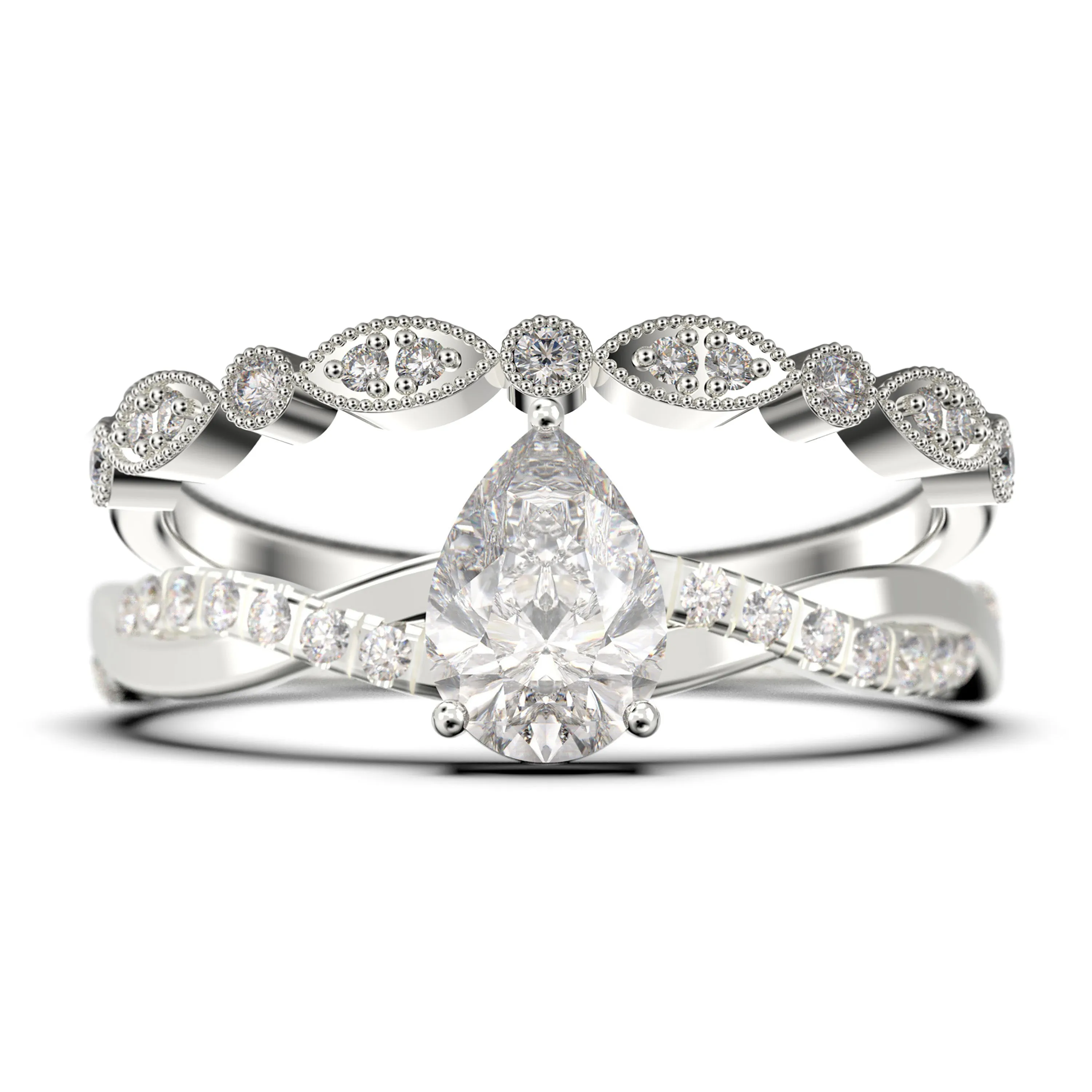 Gorgeous Minimalist Art Deco 1.75 Carat Pear Cut Authentic Diamond Moissanite Engagement Ring, One Matching Band, Twisted Band Wedding Ring in 10k/14k/18k Solid Gold Gift For Her
