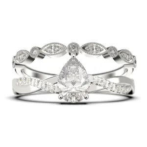 Gorgeous Minimalist Art Deco 1.75 Carat Pear Cut Authentic Diamond Moissanite Engagement Ring, One Matching Band, Twisted Band Wedding Ring in 10k/14k/18k Solid Gold Gift For Her