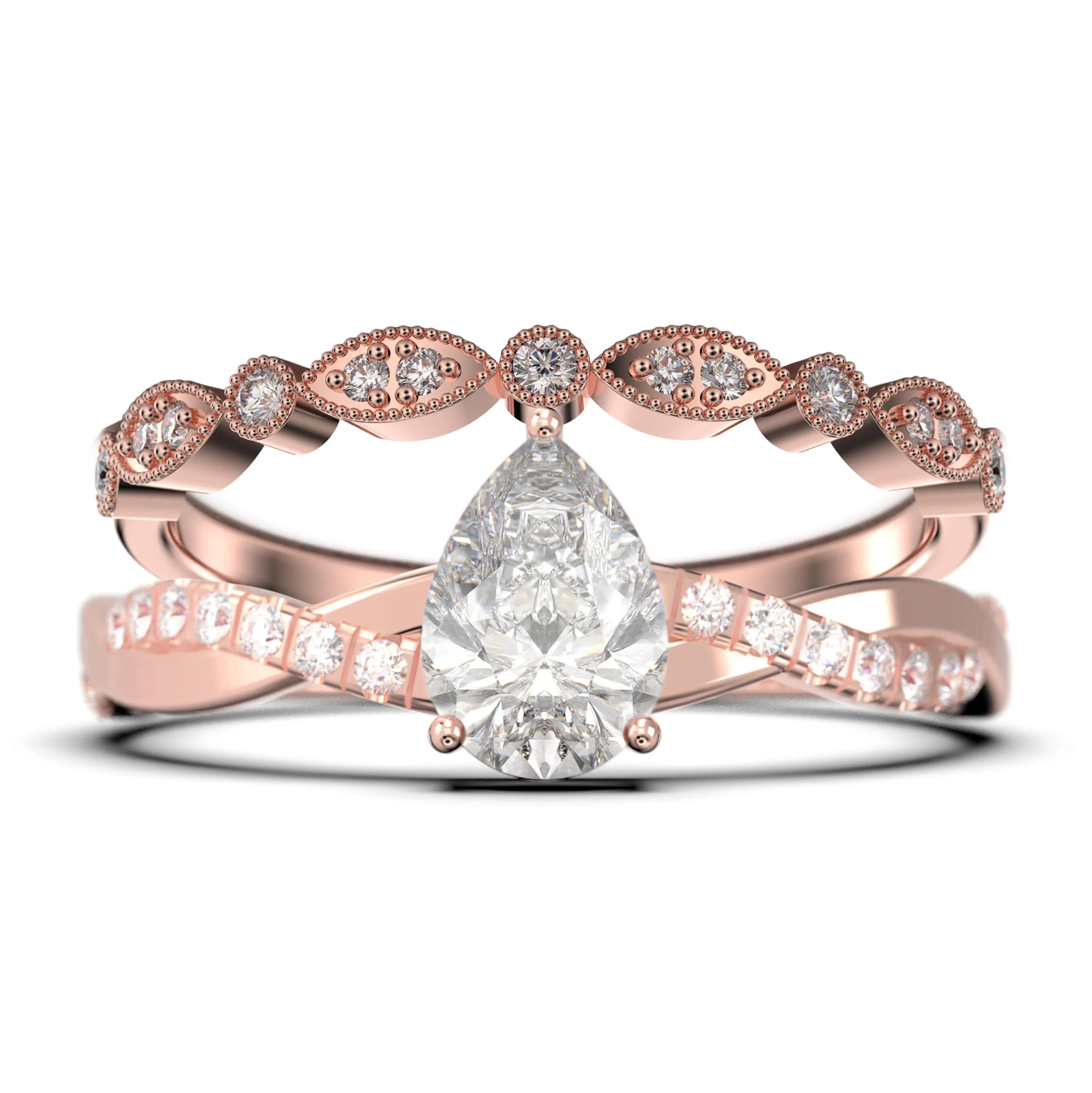 Gorgeous Minimalist Art Deco 1.75 Carat Pear Cut Authentic Diamond Moissanite Engagement Ring, One Matching Band, Twisted Band Wedding Ring in 10k/14k/18k Solid Gold Gift For Her