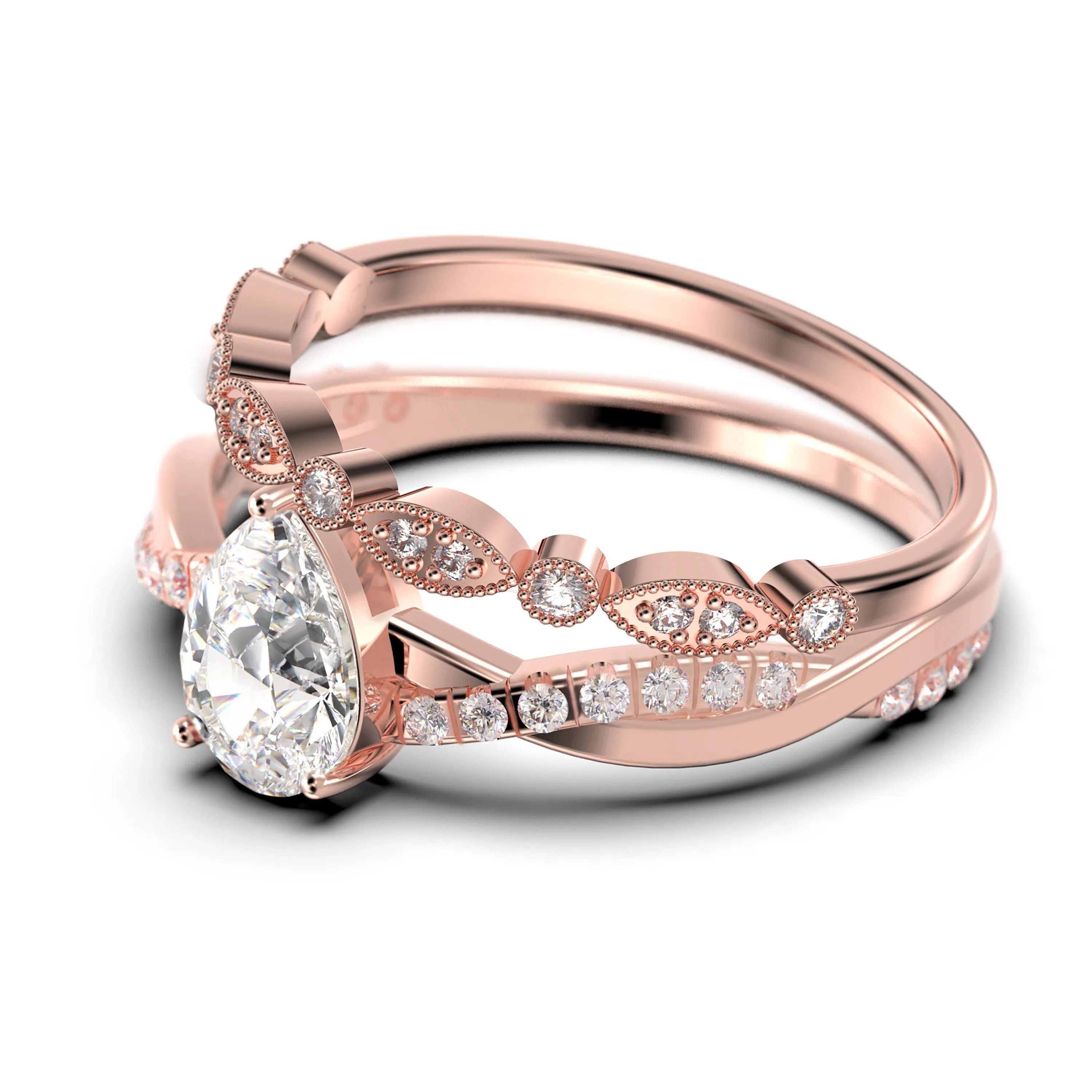Gorgeous Minimalist Art Deco 1.75 Carat Pear Cut Authentic Diamond Moissanite Engagement Ring, One Matching Band, Twisted Band Wedding Ring in 10k/14k/18k Solid Gold Gift For Her