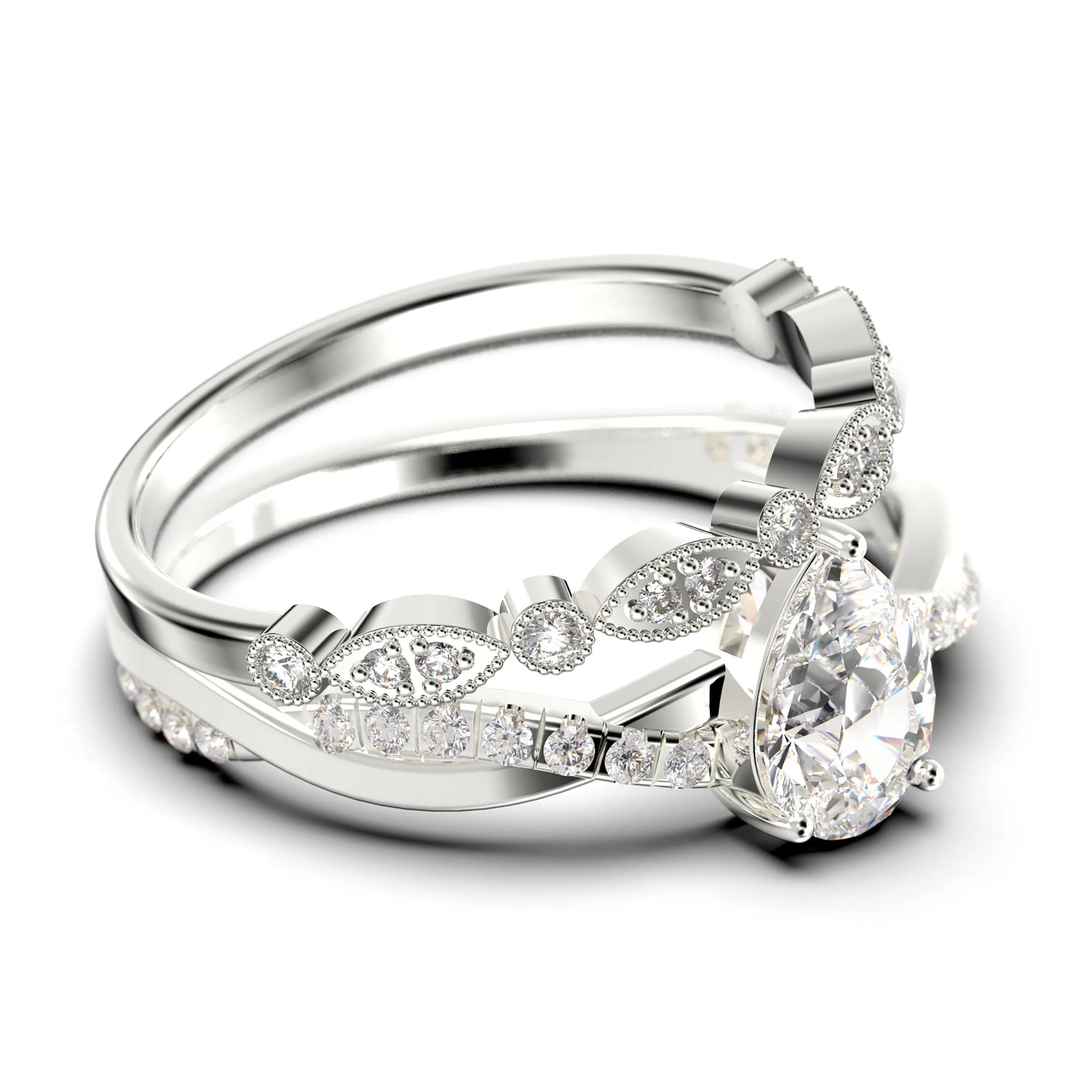Gorgeous Minimalist Art Deco 1.75 Carat Pear Cut Authentic Diamond Moissanite Engagement Ring, One Matching Band, Twisted Band Wedding Ring in 10k/14k/18k Solid Gold Gift For Her